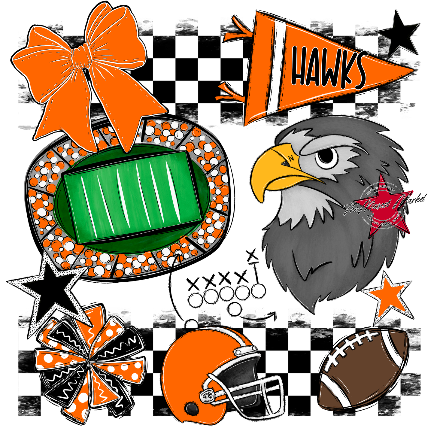 Hawks Checkers Mascot Spirit Design-Orange