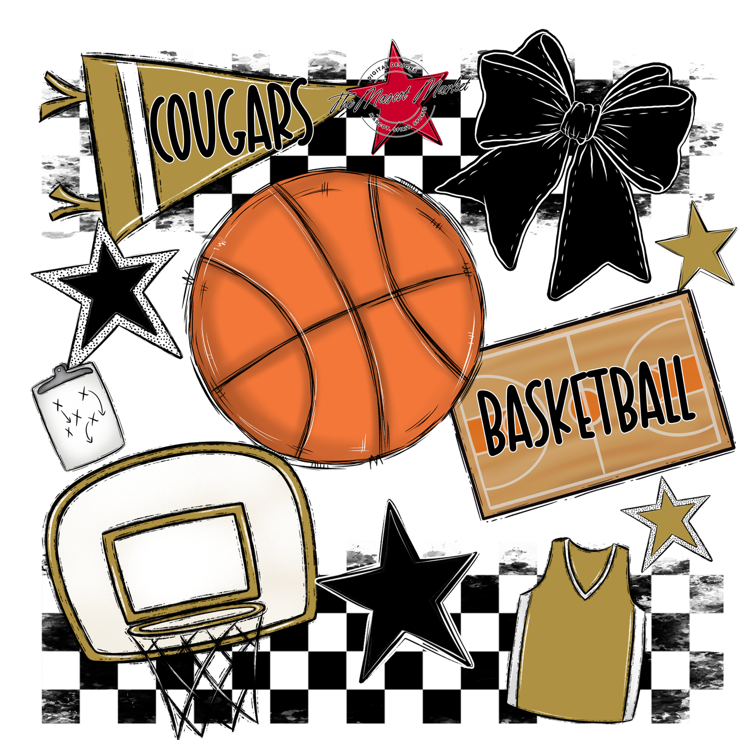Cougars Checkers Basketball Spirit Design-Gold