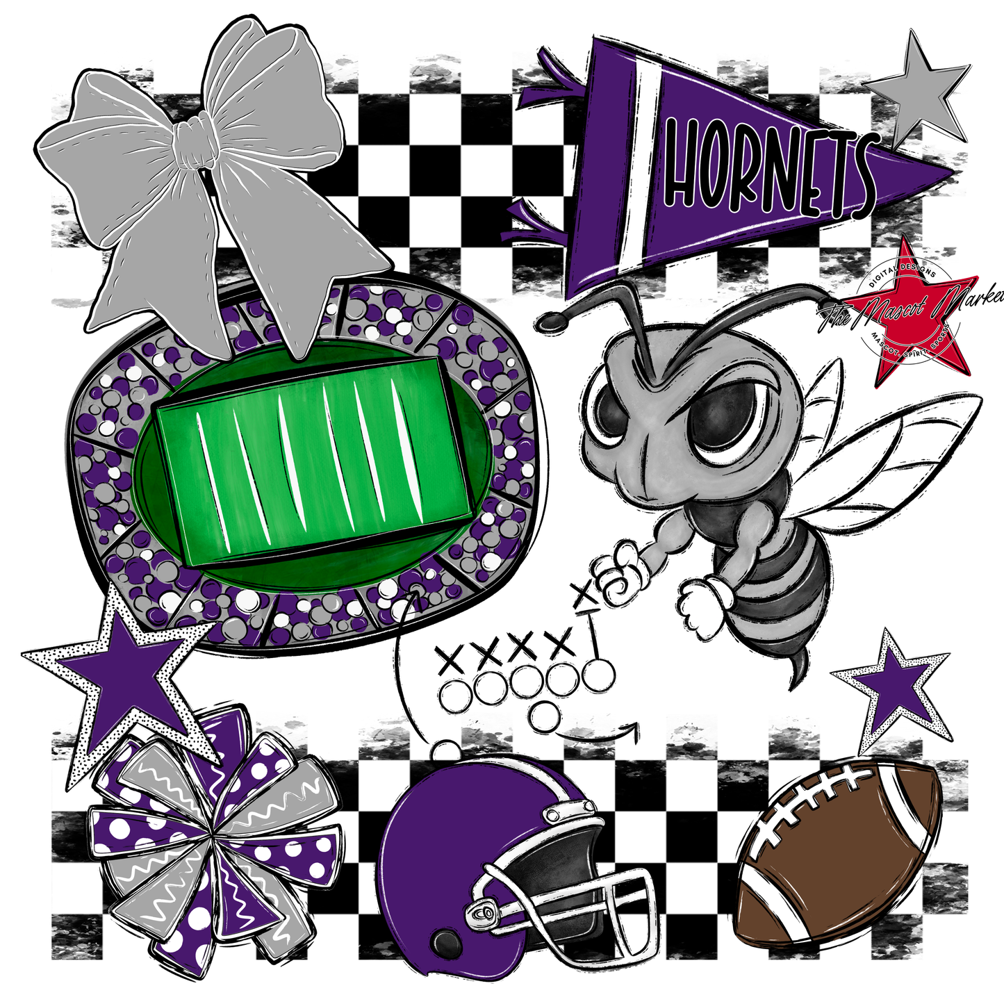 Hornets Checkers Mascot Spirit Design-Purple-Grey