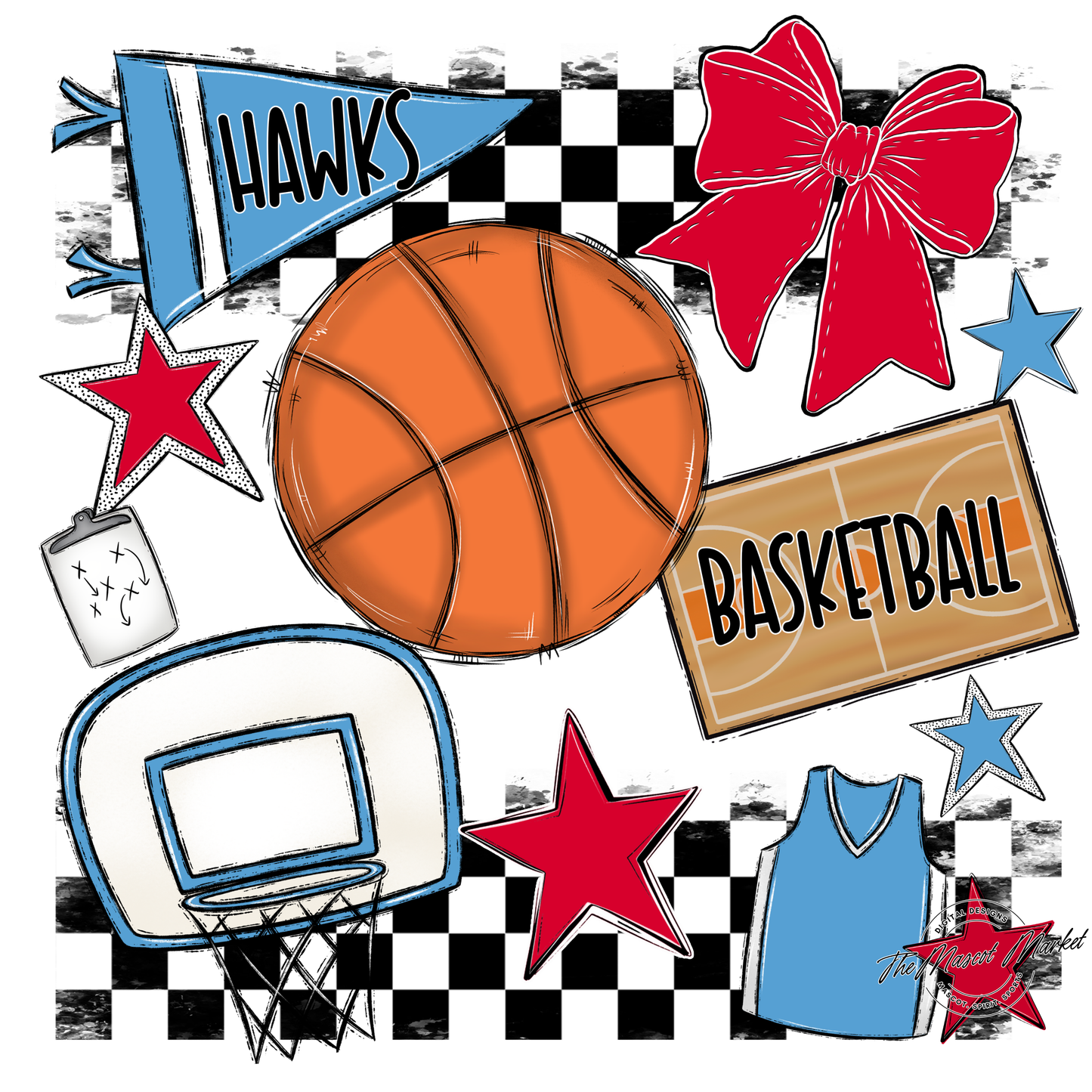 Hawks Checkers Basketball Spirit Design-Carolina Blue-Red