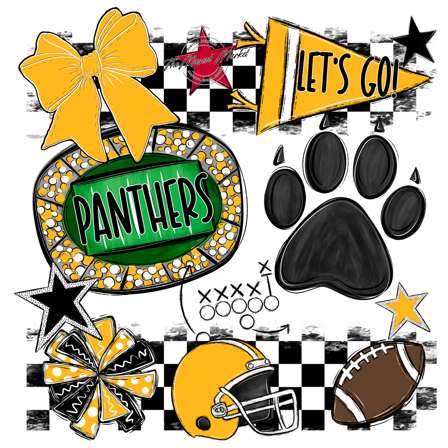 Panthers Checkers Mascot Spirit Design w Paw-Yellow