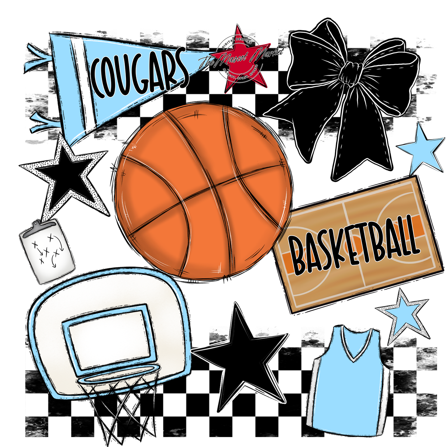 Cougars Checkers Basketball Spirit Design-Columbia Blue