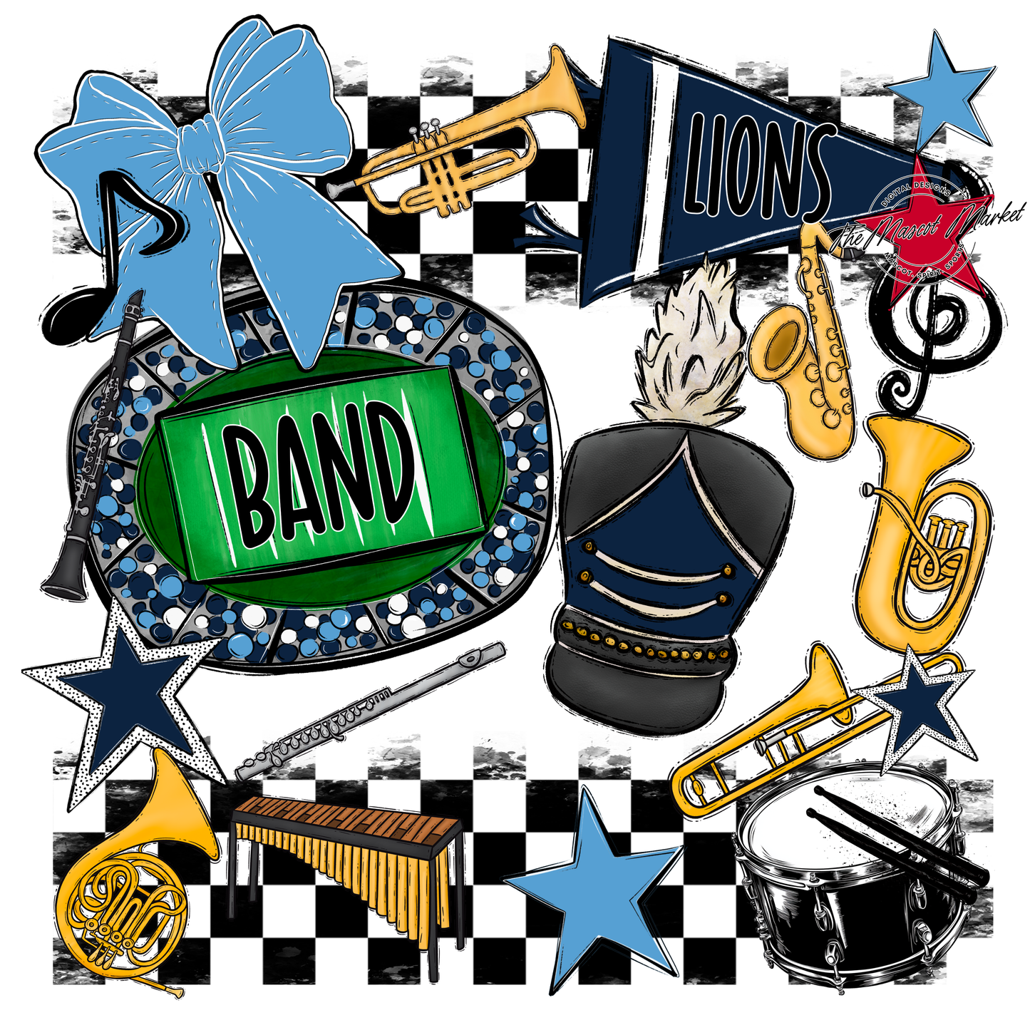 Lions Checkers Band Spirit Design-Navy-Carolina Blue