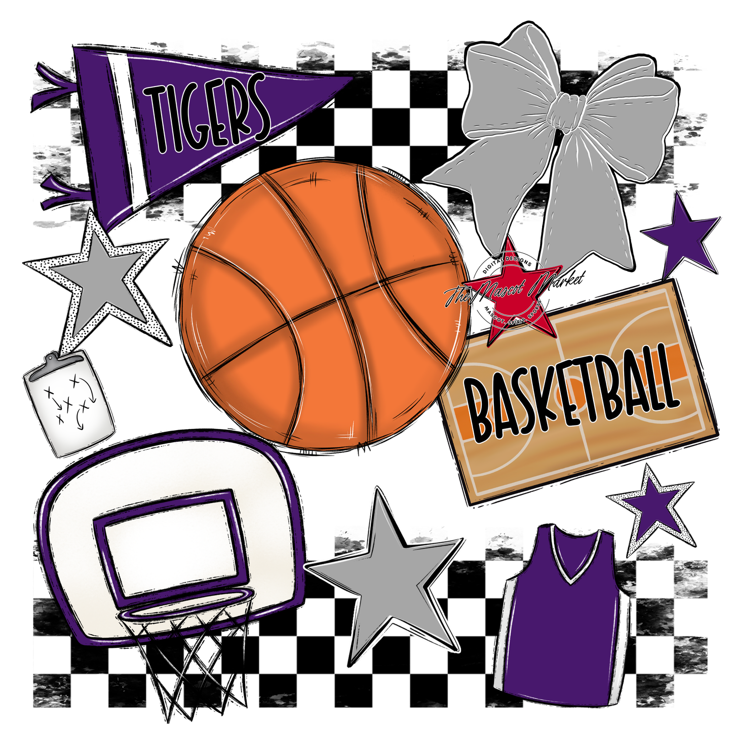 Tigers Checkers Basketball Spirit Design-Purple-Grey