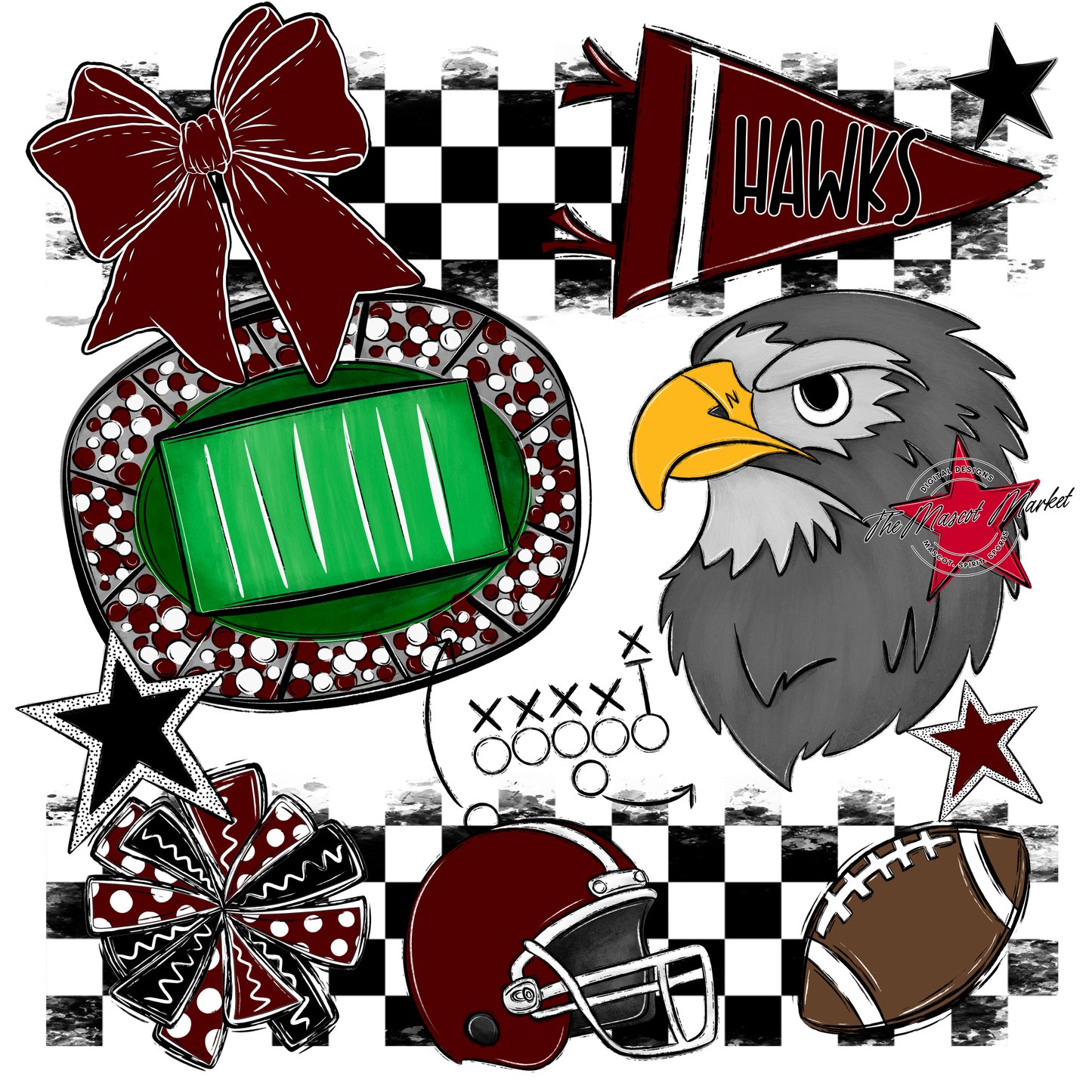 Hawks Checkers Mascot Spirit Design-Maroon