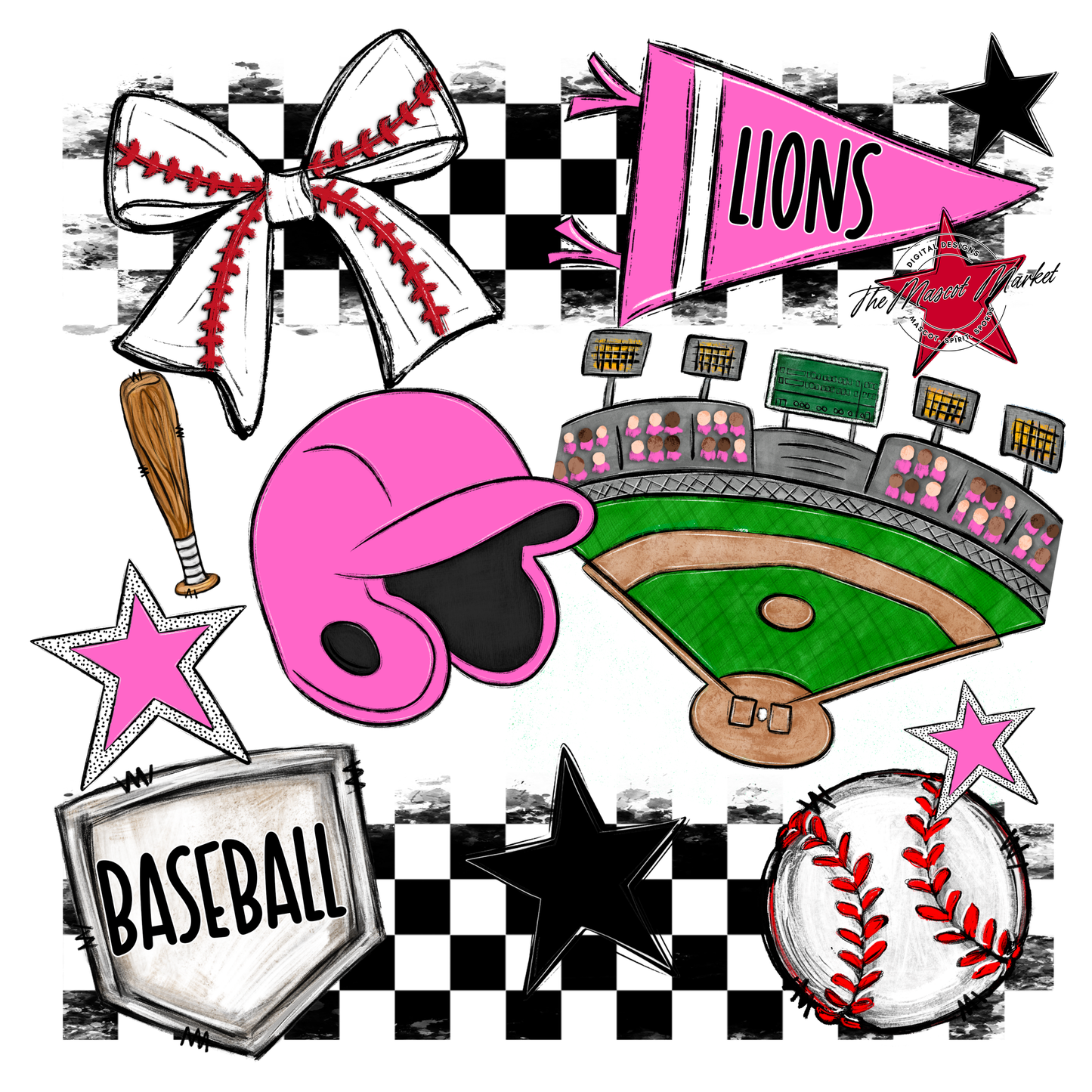 Lions Checkers Baseball Spirit Design-Baby Pink