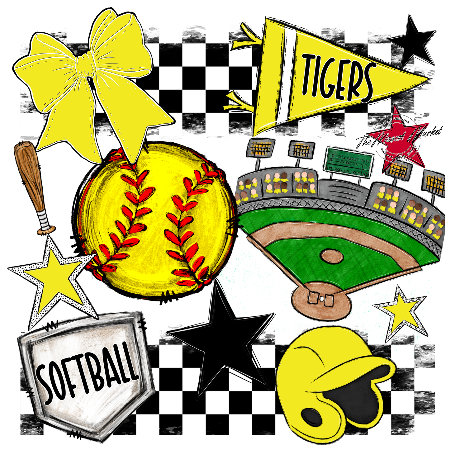 Tigers Checkers Softball Spirit Design-Bright Yellow