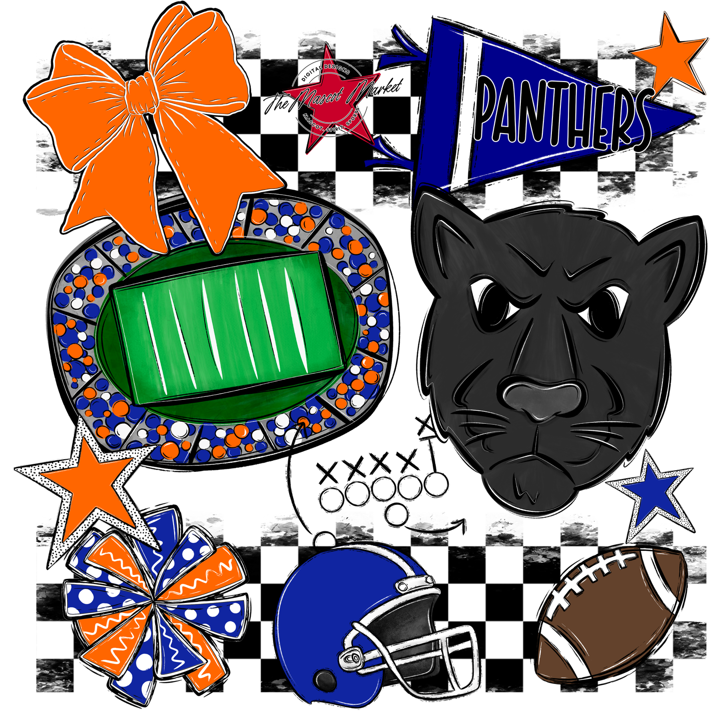 Panthers Checkers Mascot Spirit Design-Blue-Orange
