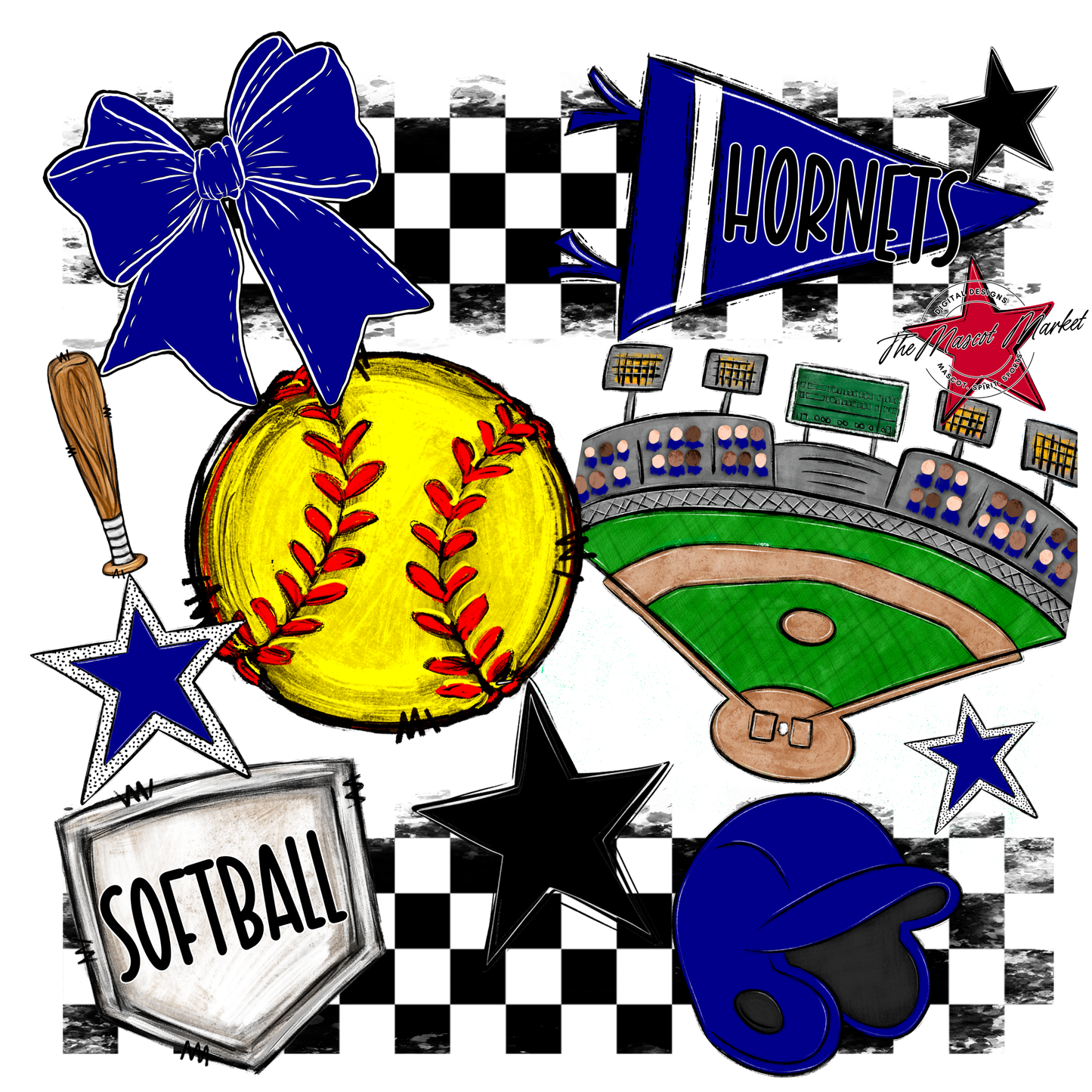Hornets Checkers Softball Spirit Design-Blue