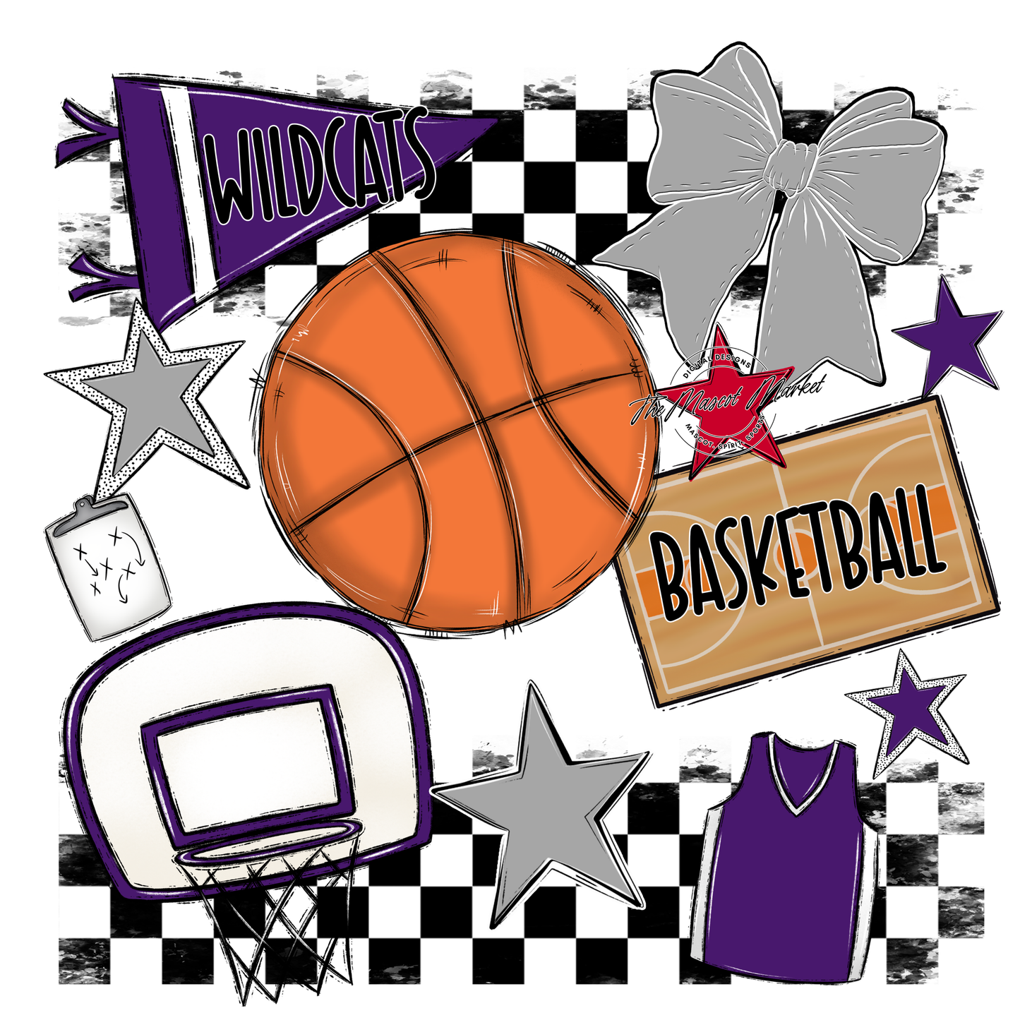 Wildcats Checkers Basketball Spirit Design-Purple-Grey