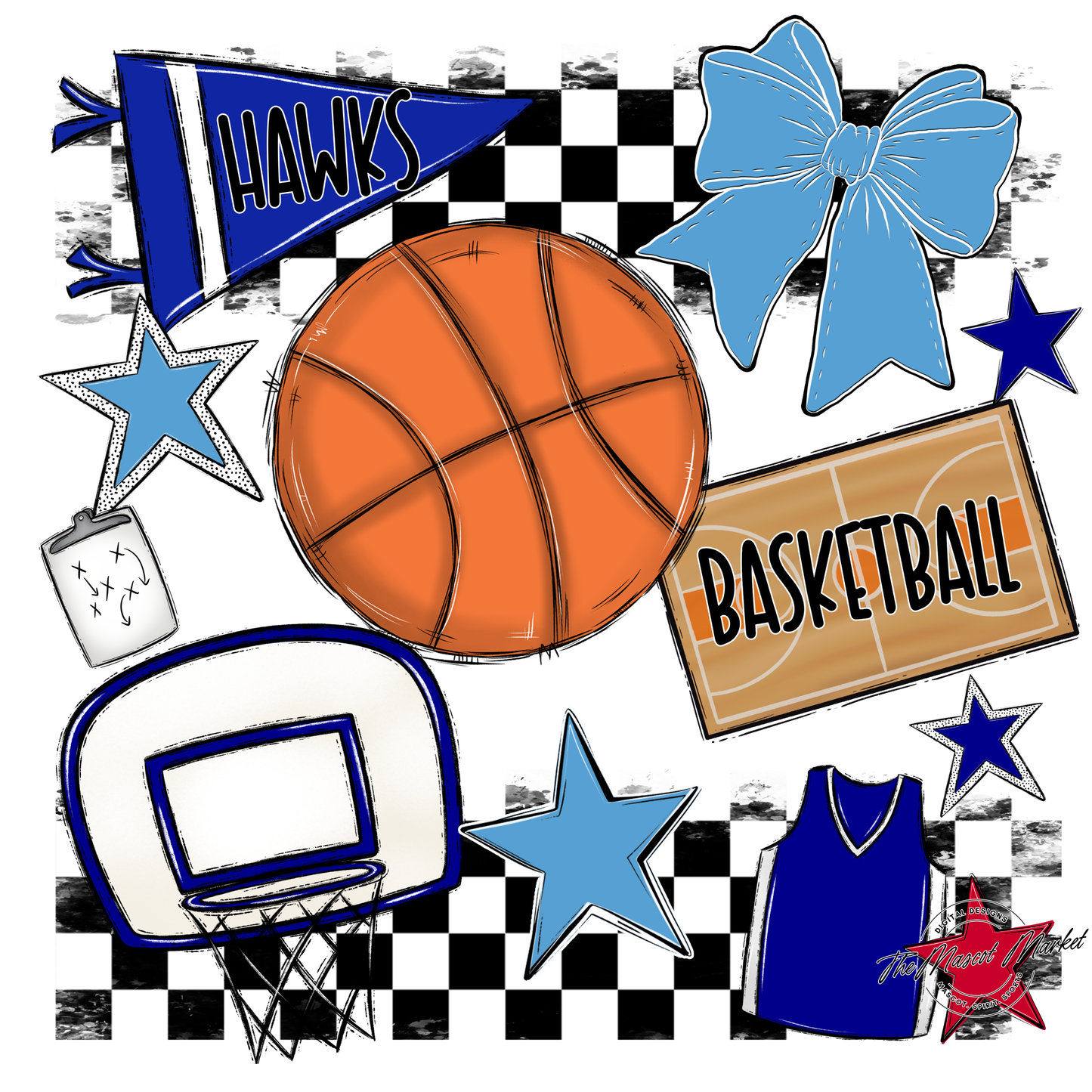 Hawks Checkers Basketball Spirit Design-Blue-Carolina Blue