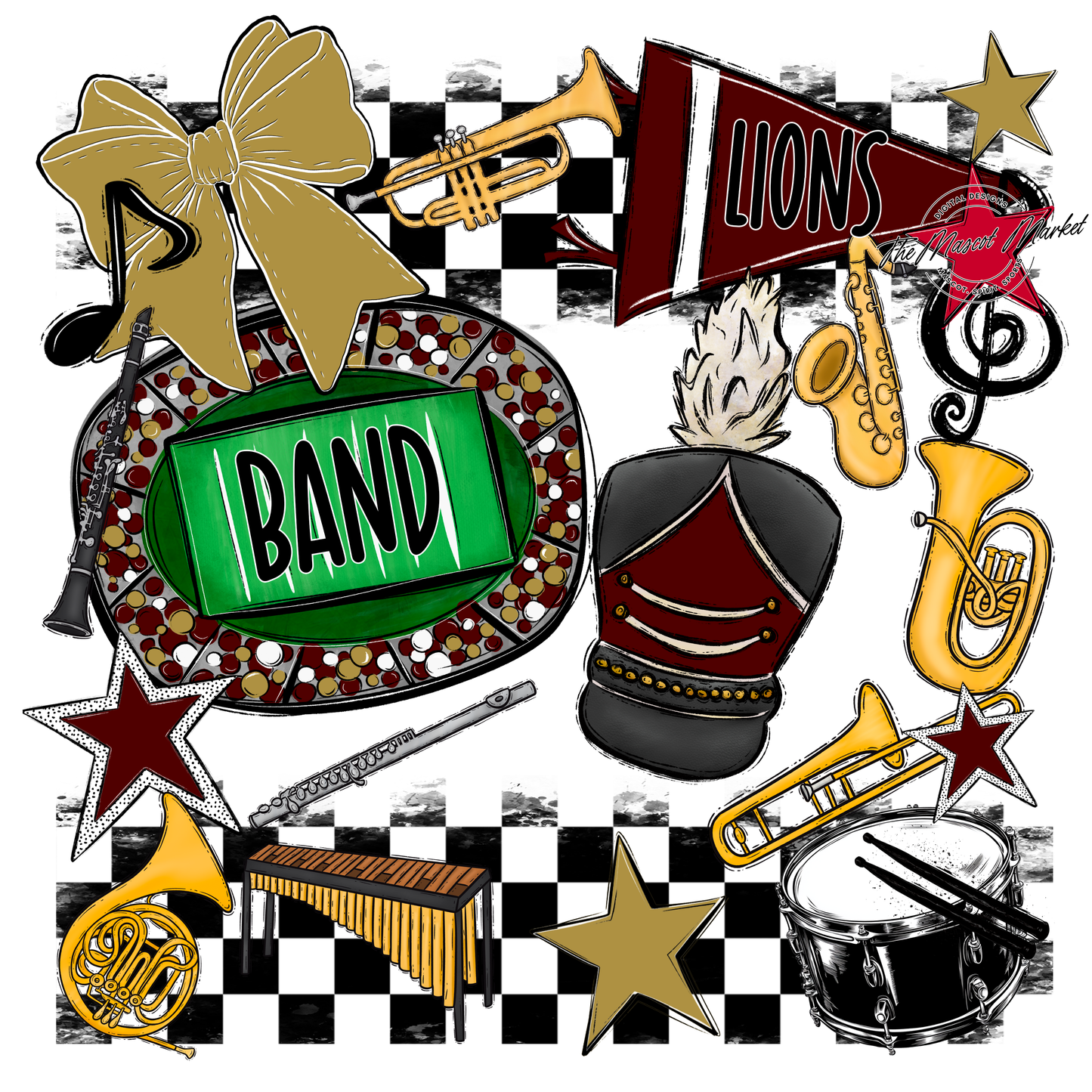 Lions Checkers Band Spirit Design-Maroon-Gold