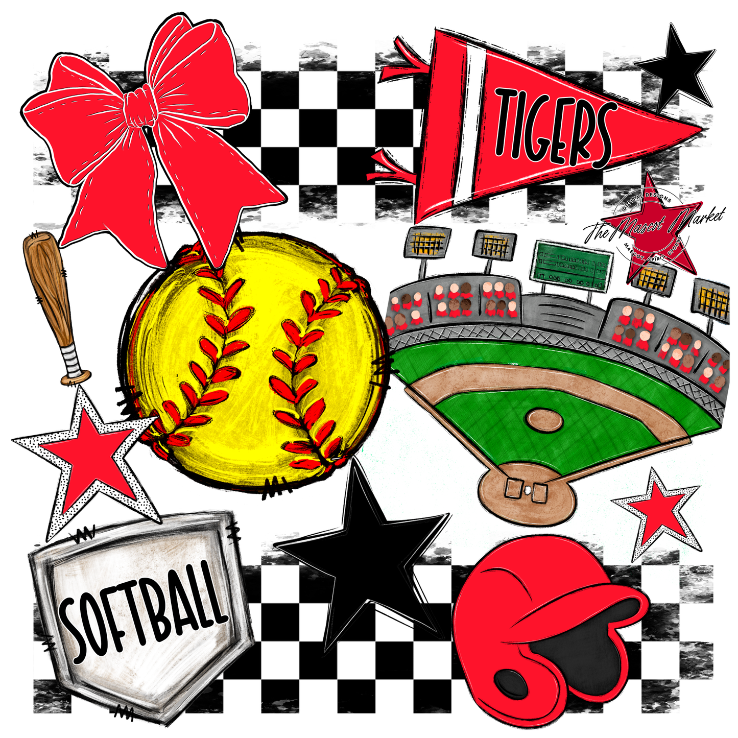 Tigers Checkers Softball Spirit Design-Bright Red