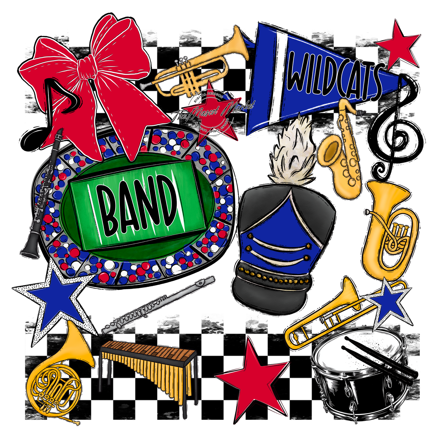 Wildcats Checkers Band Spirit Design-Royal Blue-Red