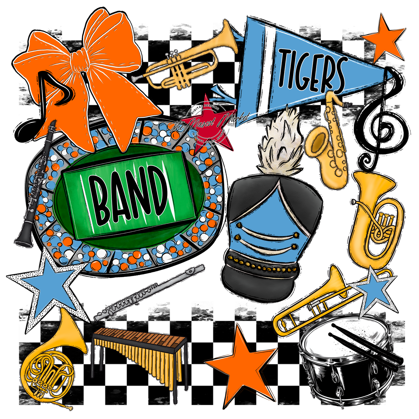 Tigers Checkers Band Spirit Design-Carolina Blue-Orange