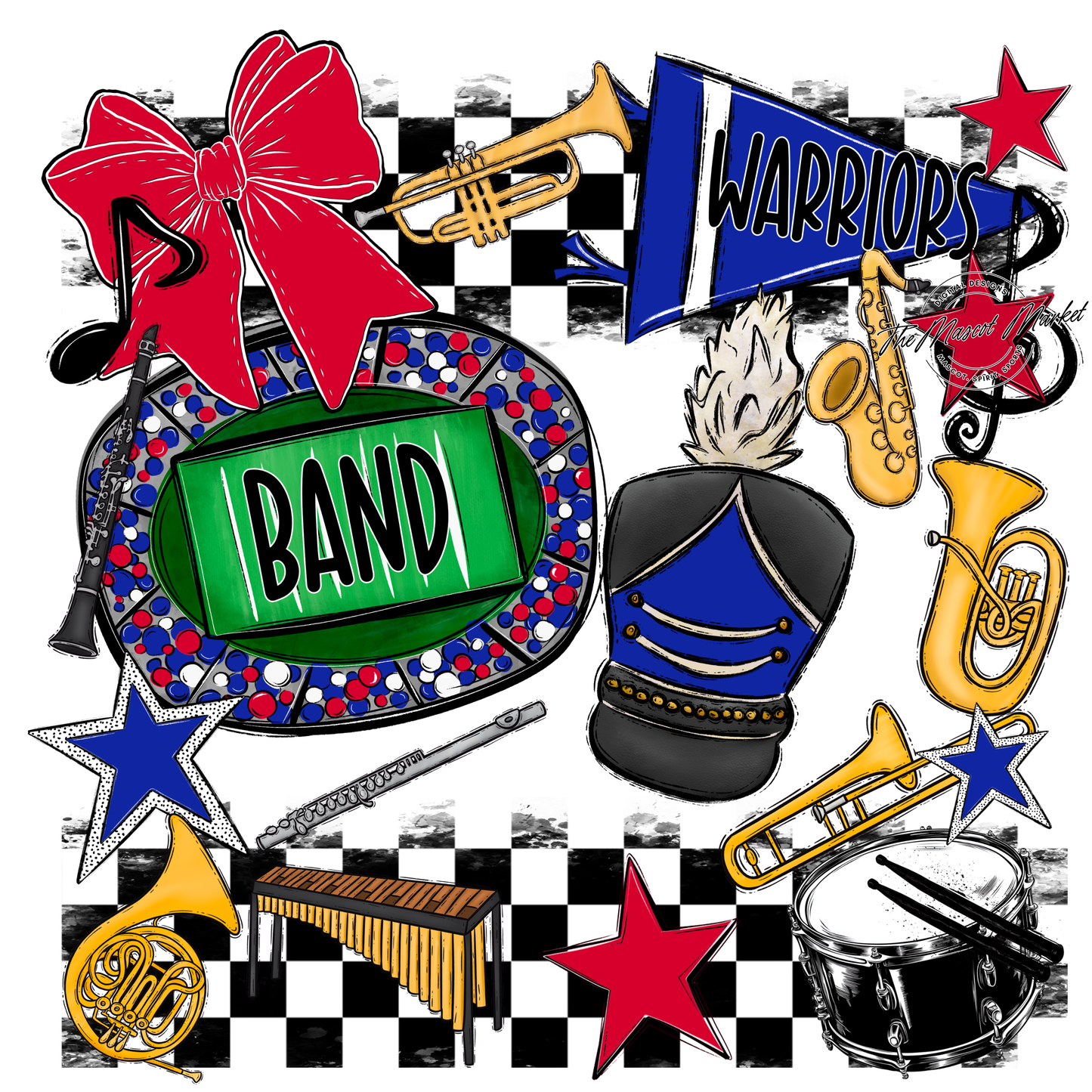 Warriors Checkers Band Spirit Design-Royal Blue-Red