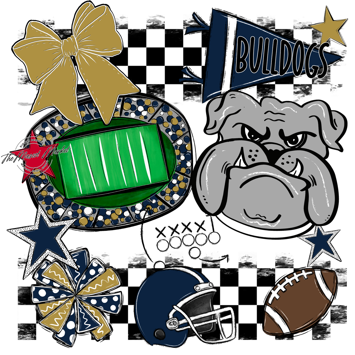Bulldogs Checkers Mascot Spirit Design-Navy-Gold