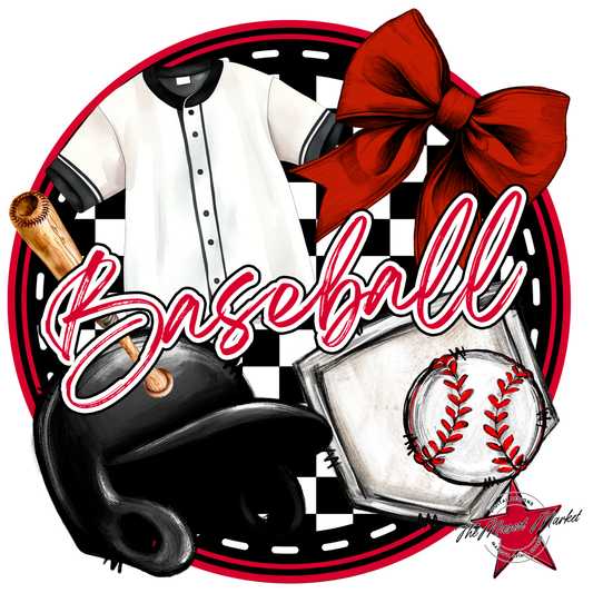 Circle Baseball Design w Bow-Red