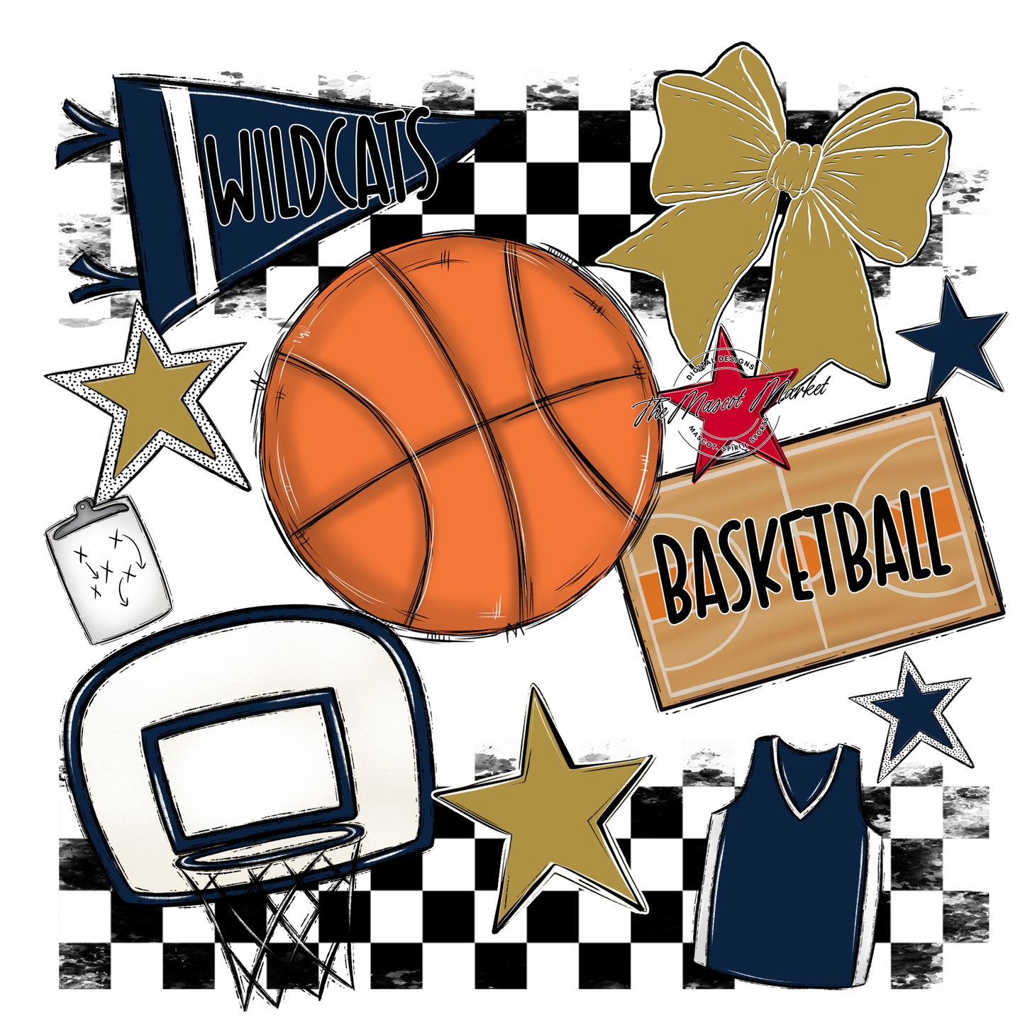 Wildcats Checkers Basketball Spirit Design-Navy-Gold