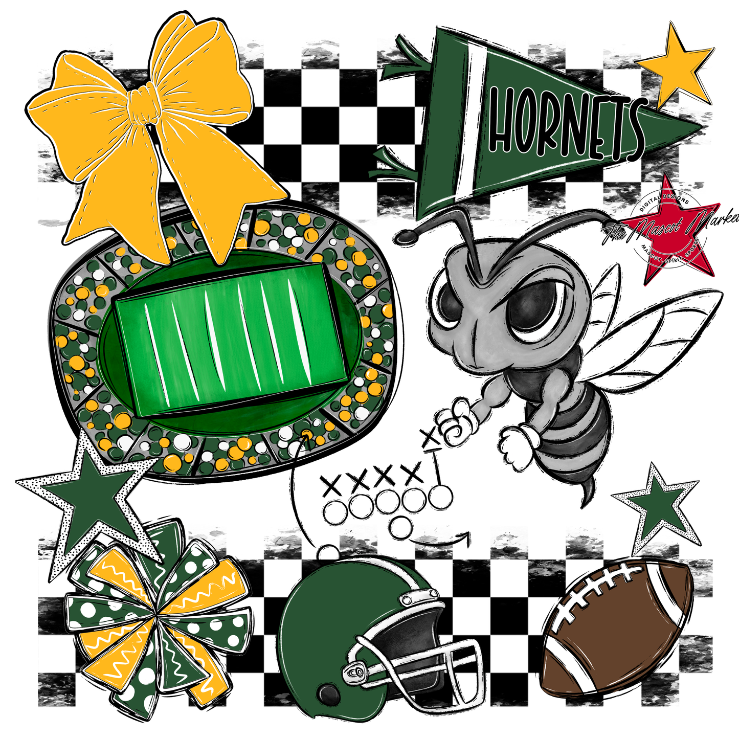 Hornets Checkers Mascot Spirit Design-Green-Yellow