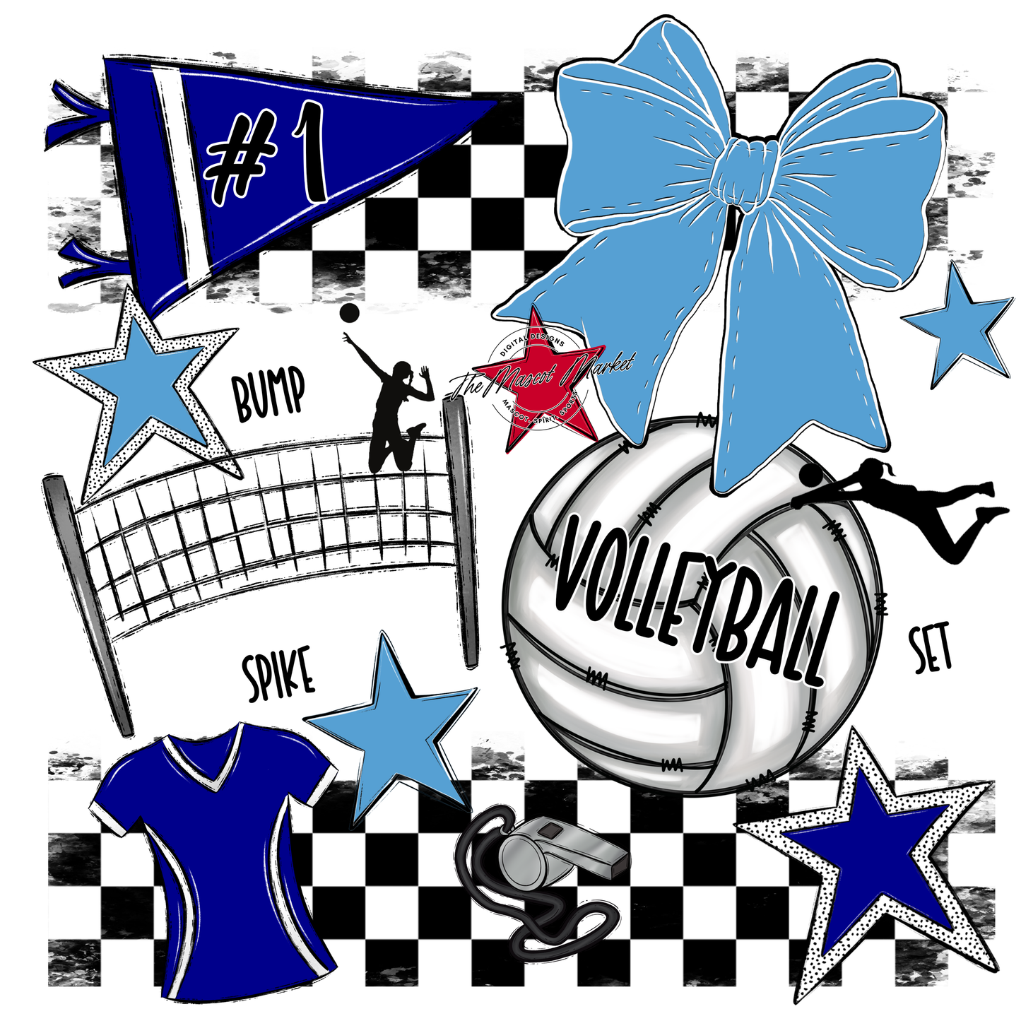 Volleyball Checkers Spirit Design-Blue-Carolina Blue