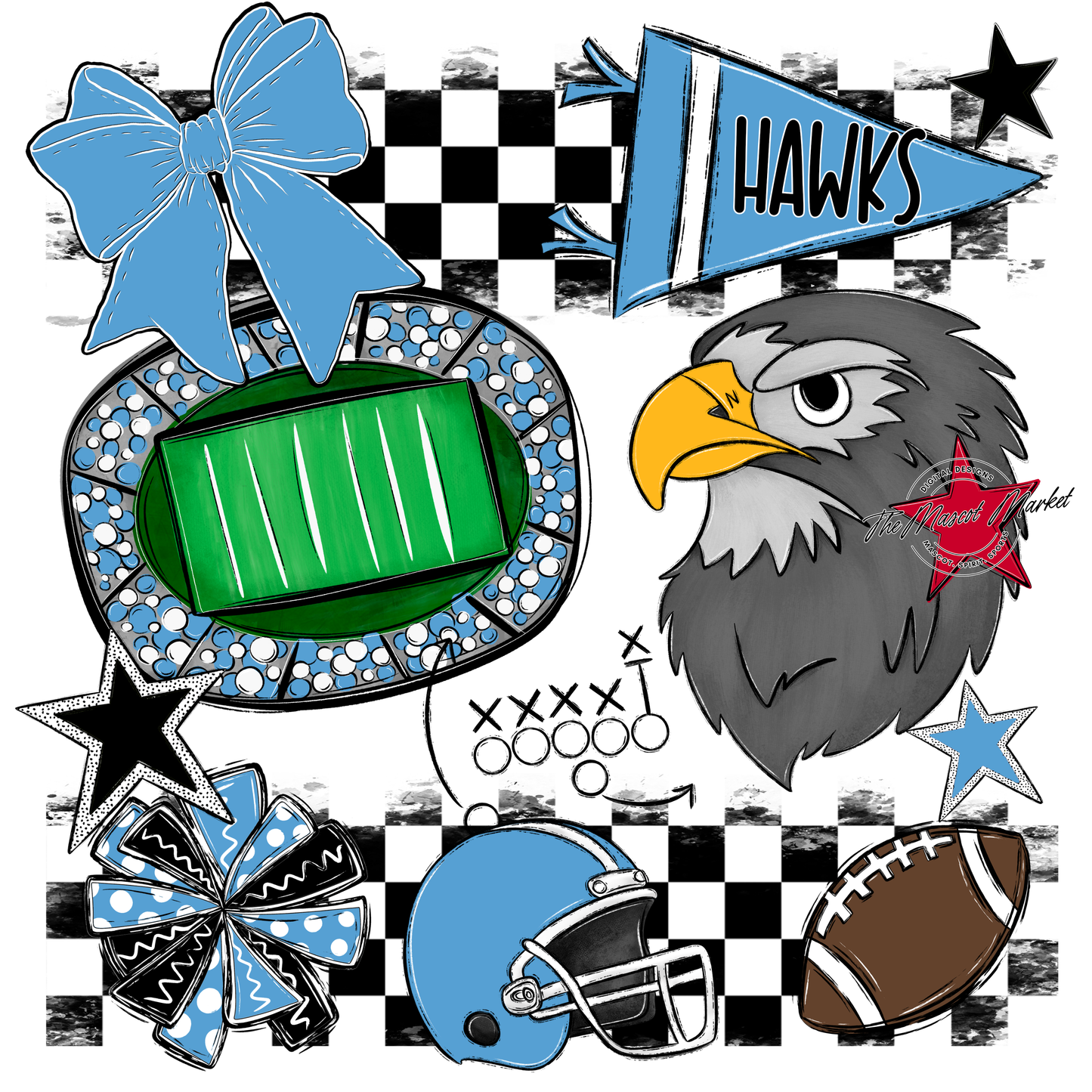 Hawks Checkers Mascot Spirit Design-Carolina Blue