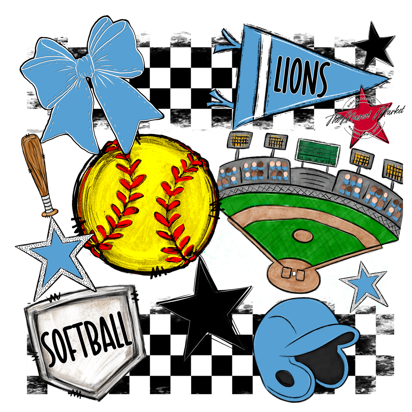 Lions Checkers Softball Spirit Design-Carolina Blue