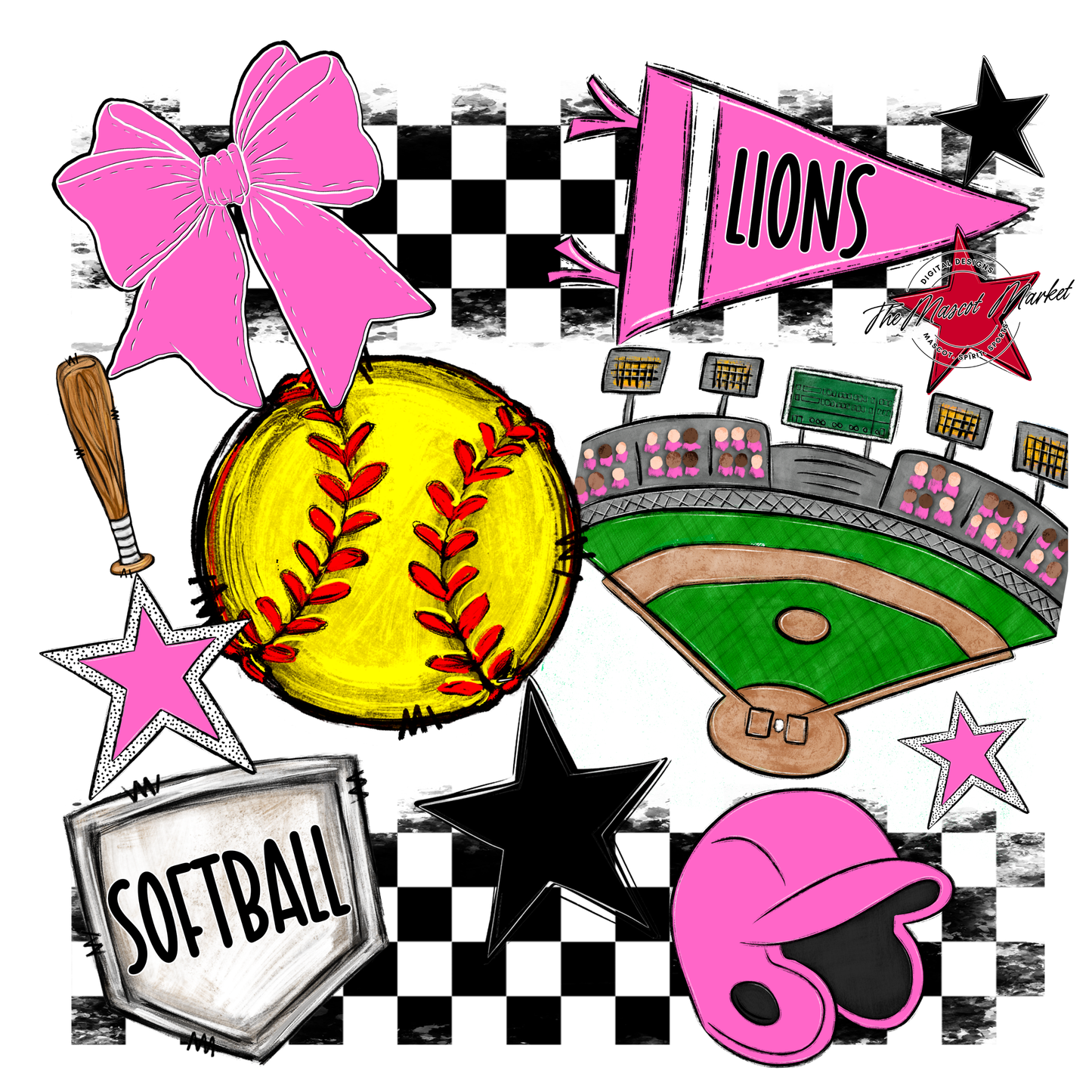 Lions Checkers Softball Spirit Design-Baby Pink
