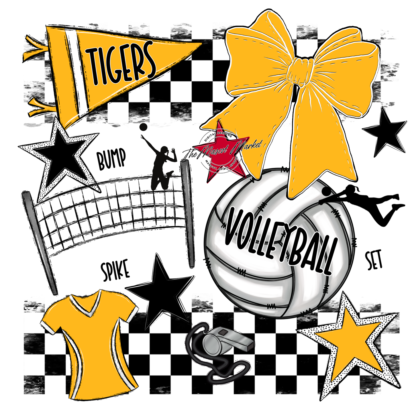 Tigers Checkers Volleyball Spirit Design-Yellow