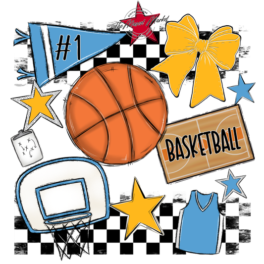 Basketball Checkers Spirit Design-Carolina Blue-Yellow