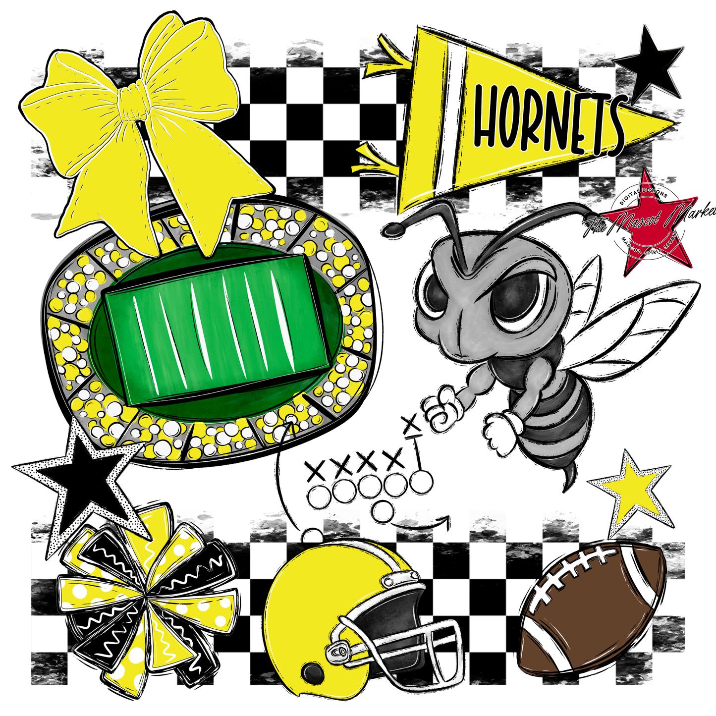 Hornets Checkers Mascot Spirit Design-Bright Yellow