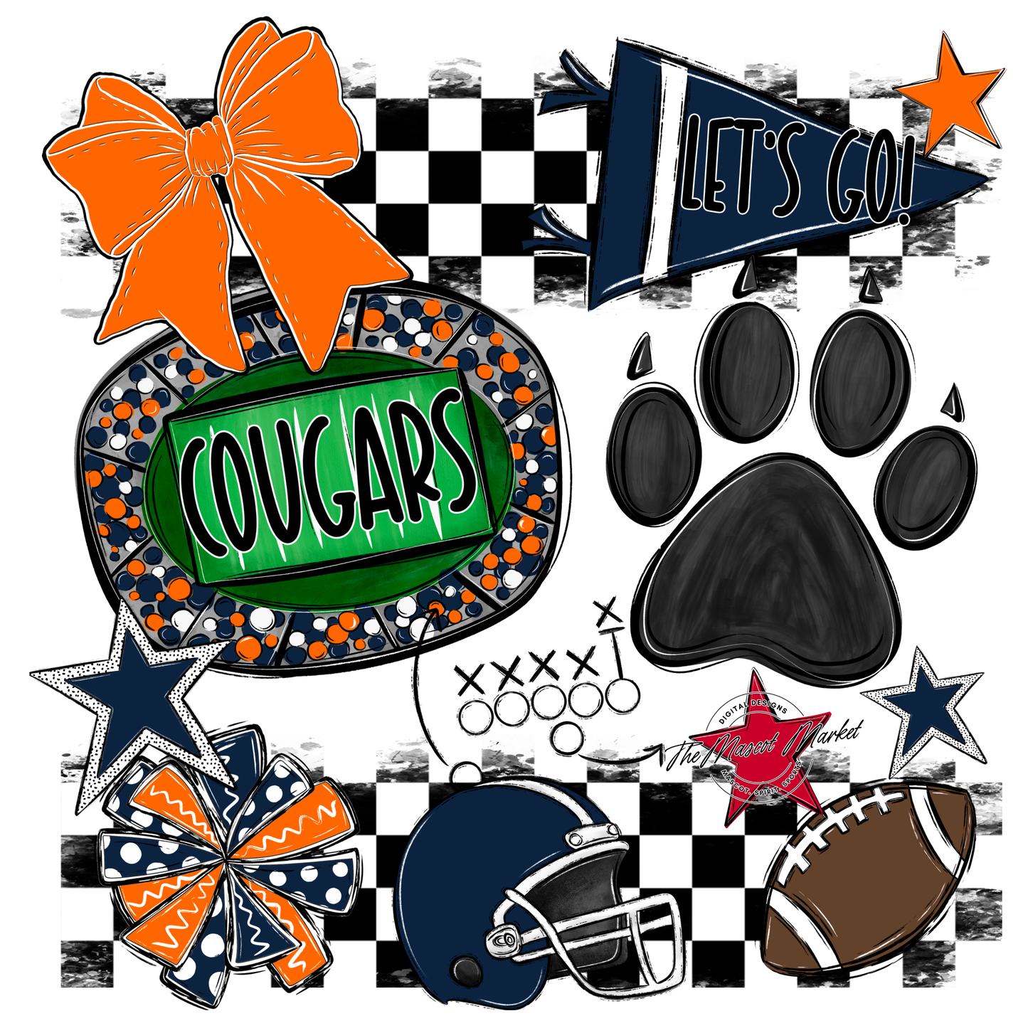 Cougars Checkers Mascot Spirit Design w Paw-Navy-Orange