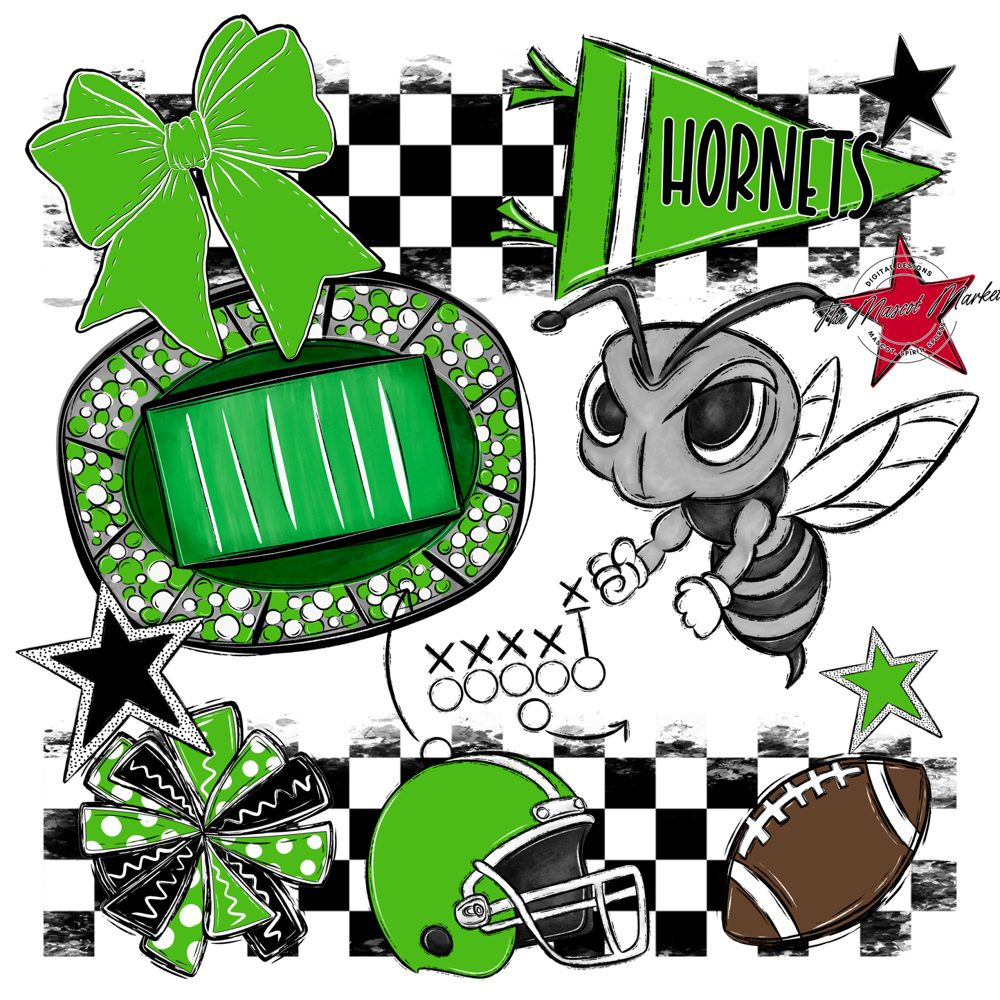 Hornets Checkers Mascot Spirit Design-Bright Green