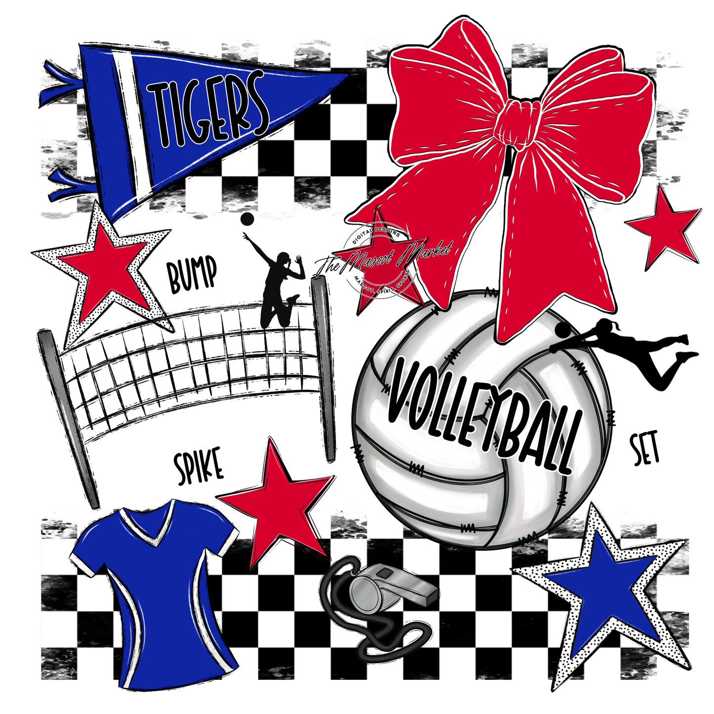 Tigers Checkers Volleyball Spirit Design-Royal Blue-Red
