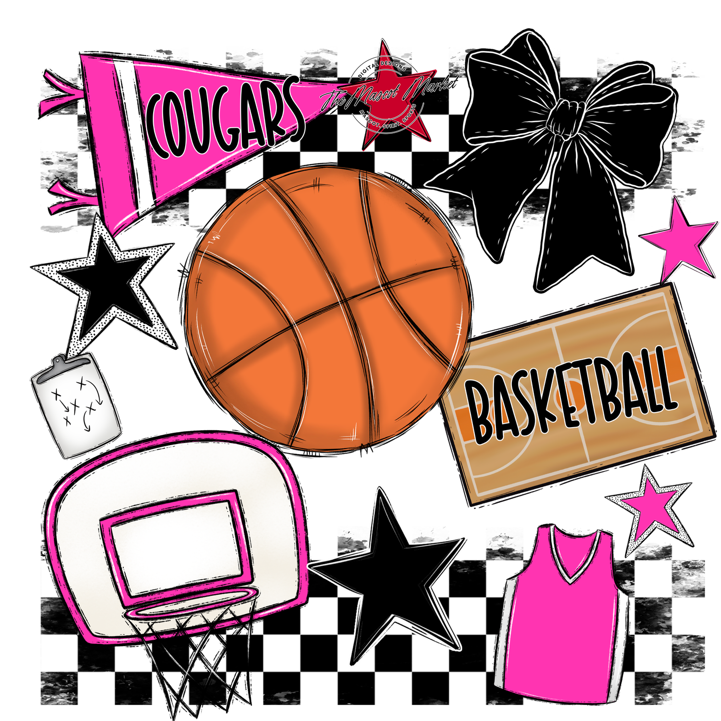 Cougars Checkers Basketball Spirit Design-Pink