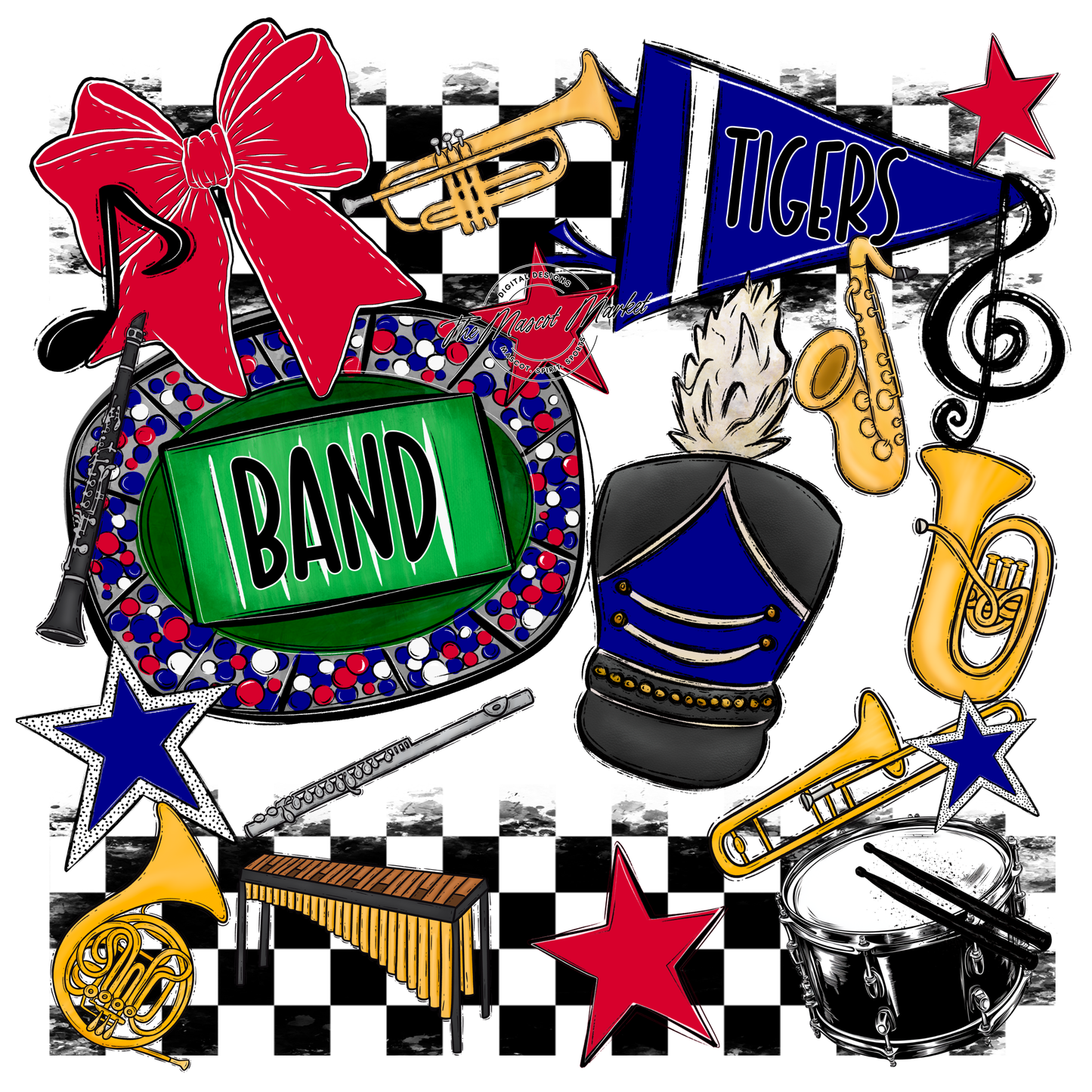 Tigers Checkers Band Spirit Design-Blue-Red