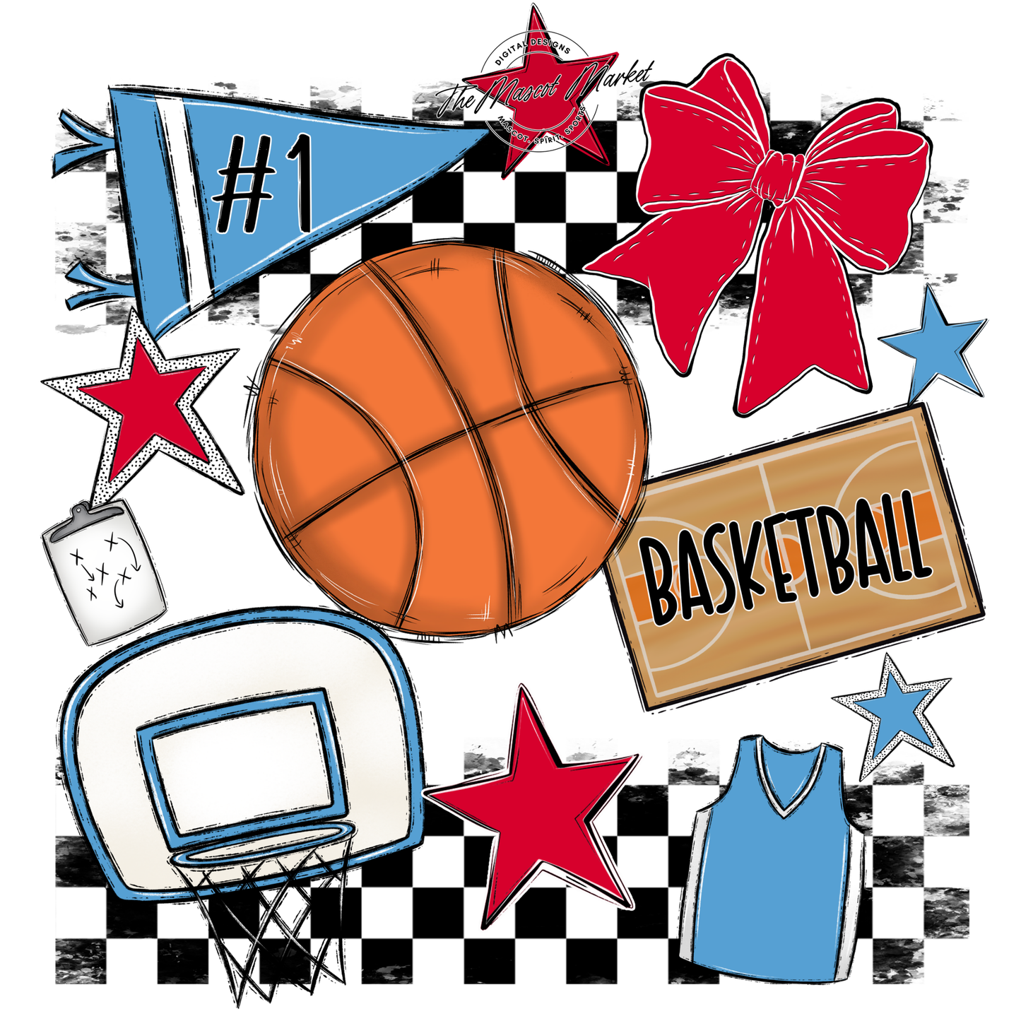 Basketball Checkers Spirit Design-Carolina Blue-Red