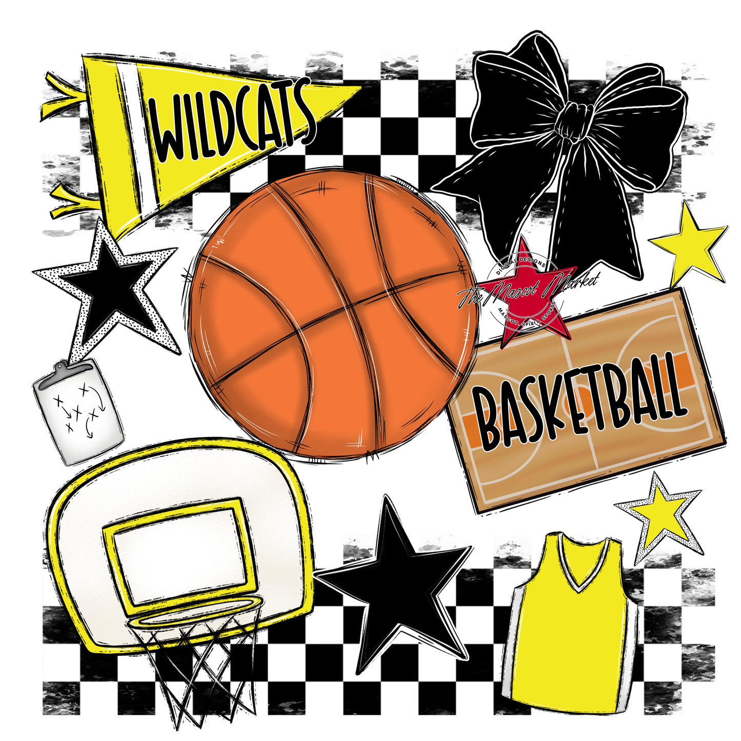 Wildcats Checkers Basketball Spirit Design-Bright Yellow
