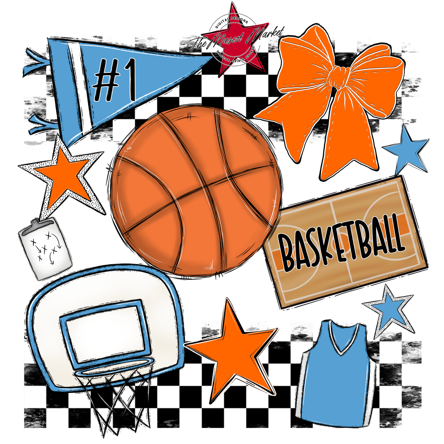 Basketball Checkers Spirit Design-Carolina Blue-Orange
