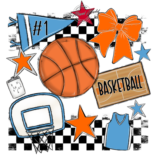 Basketball Checkers Spirit Design-Carolina Blue-Orange
