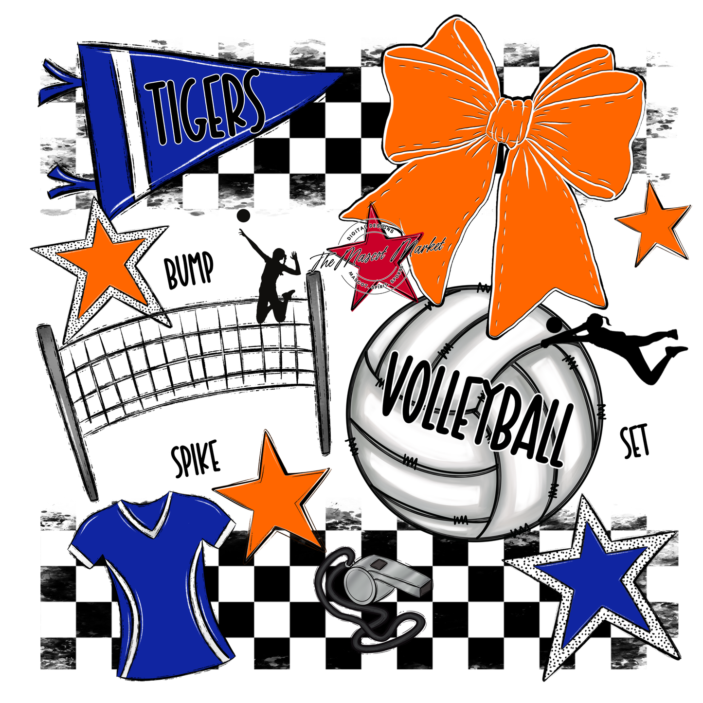 Tigers Checkers Volleyball Spirit Design-Royal Blue-Orange
