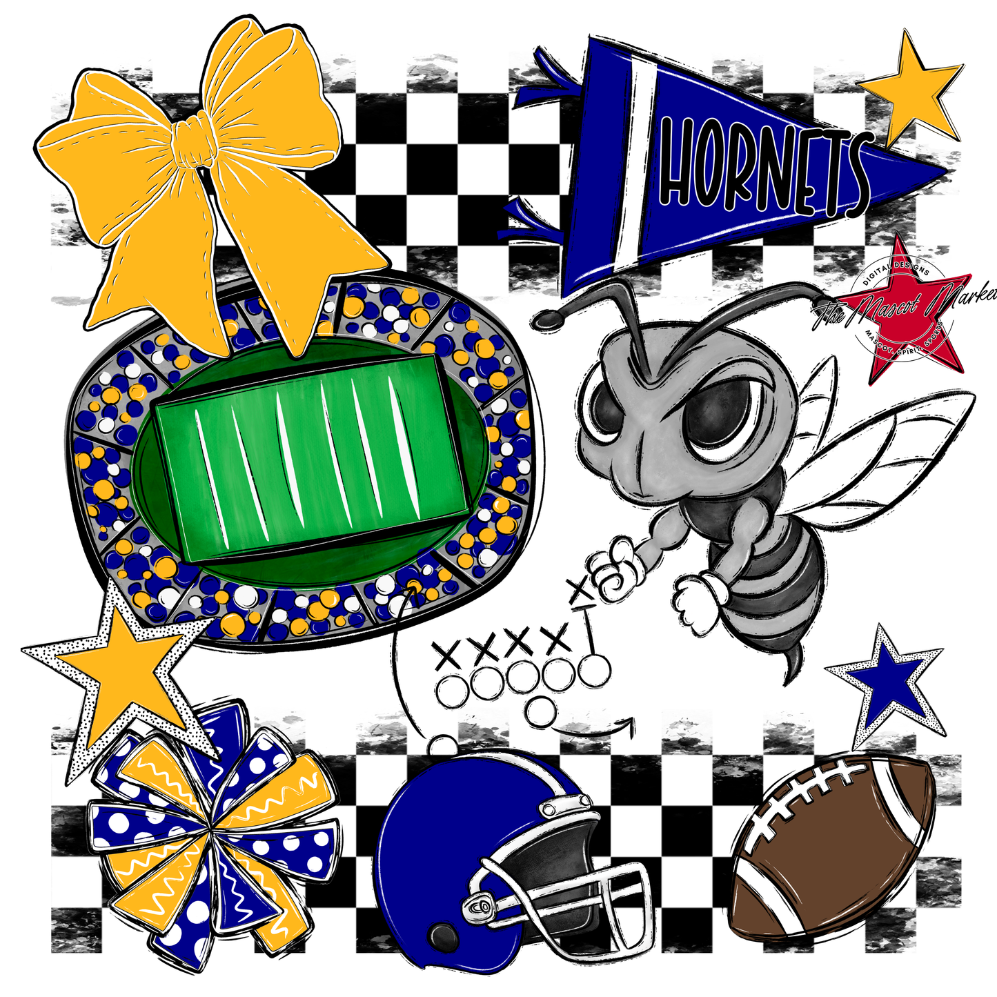 Hornets Checkers Mascot Spirit Design-Blue-Yellow