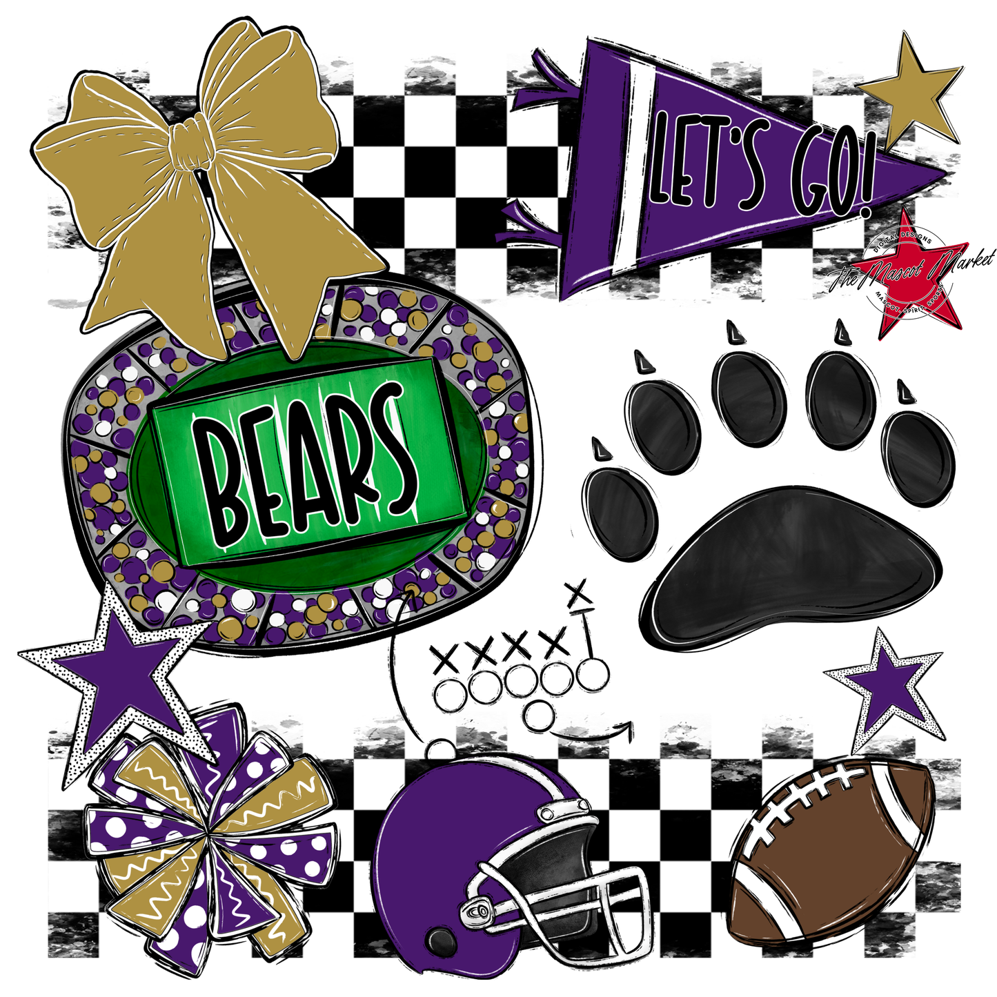 Bears Checker Spirit Design w Paw-Purple-Gold