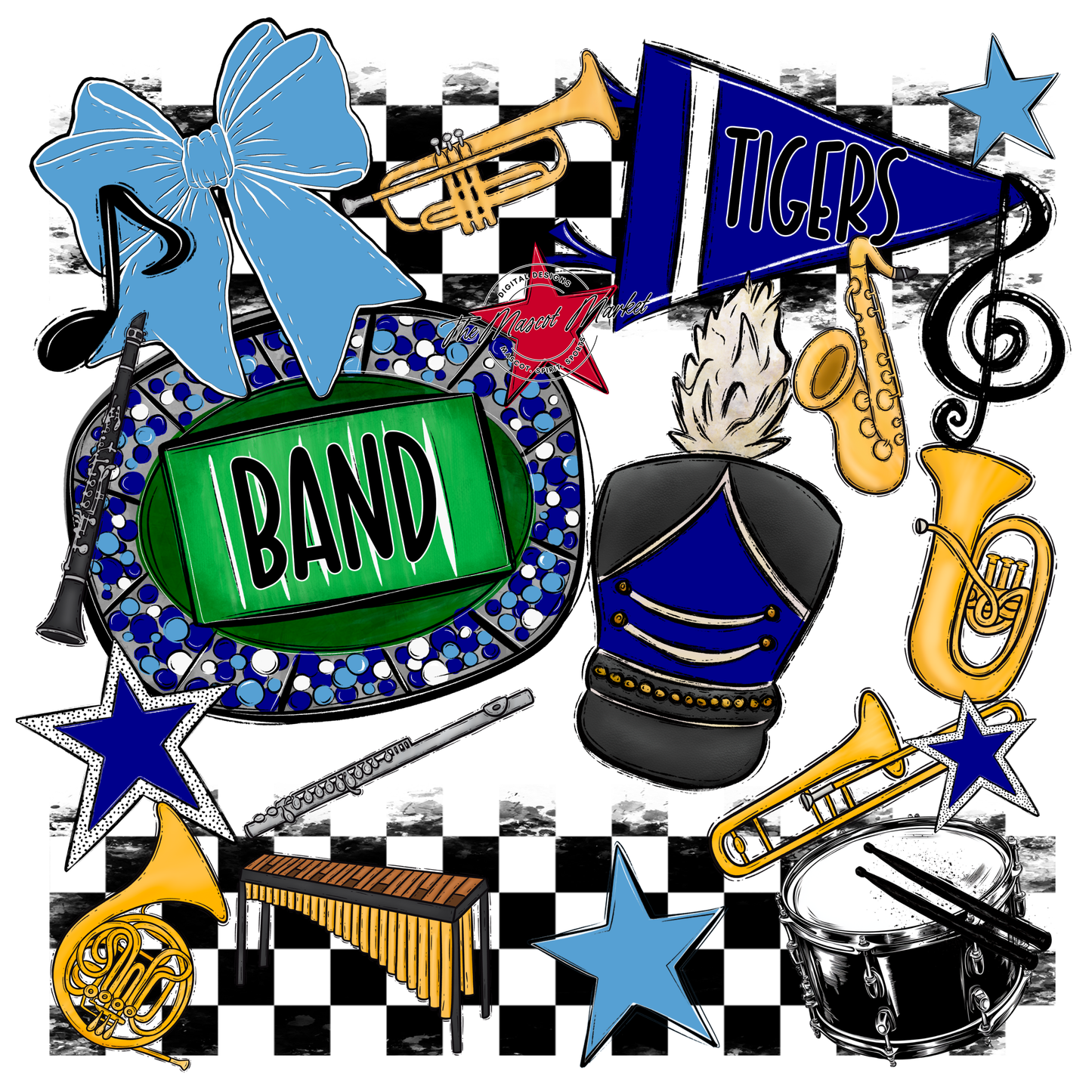 Tigers Checkers Band Spirit Design-Blue-Carolina Blue