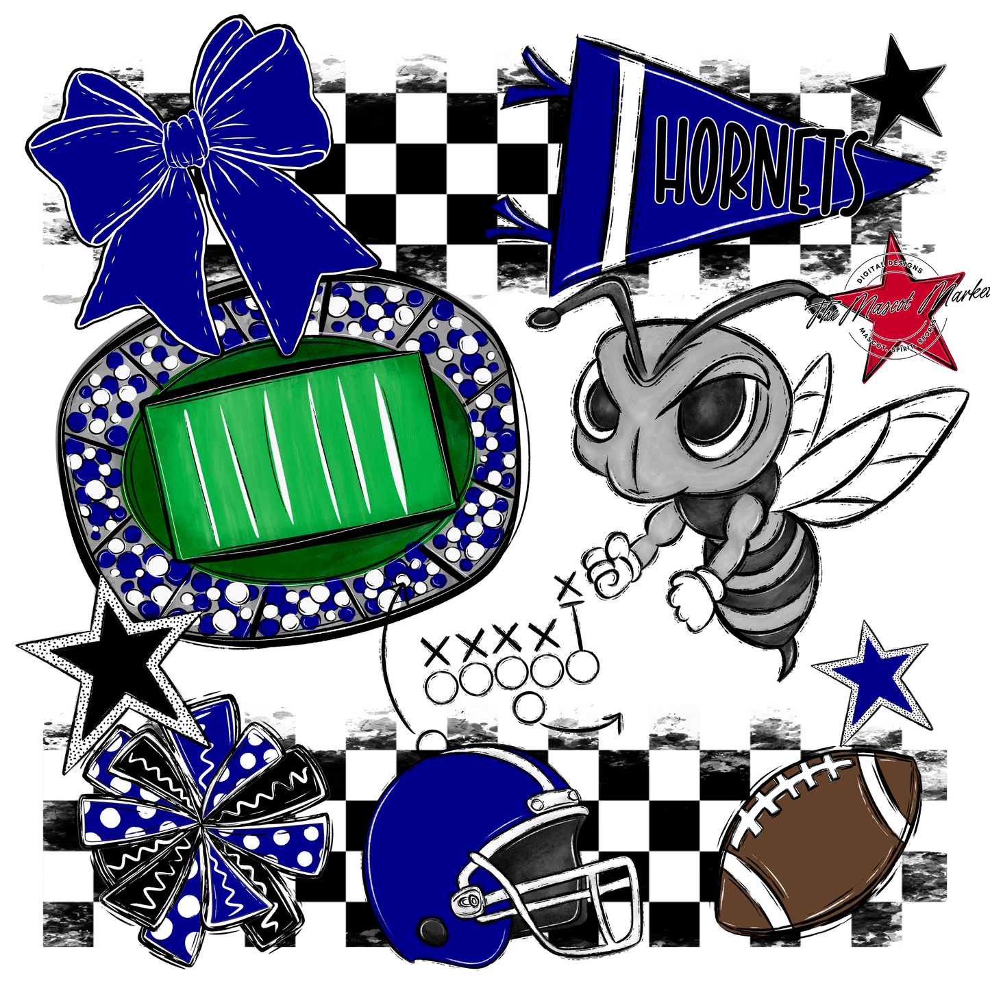 Hornets Checkers Mascot Spirit Design-Blue