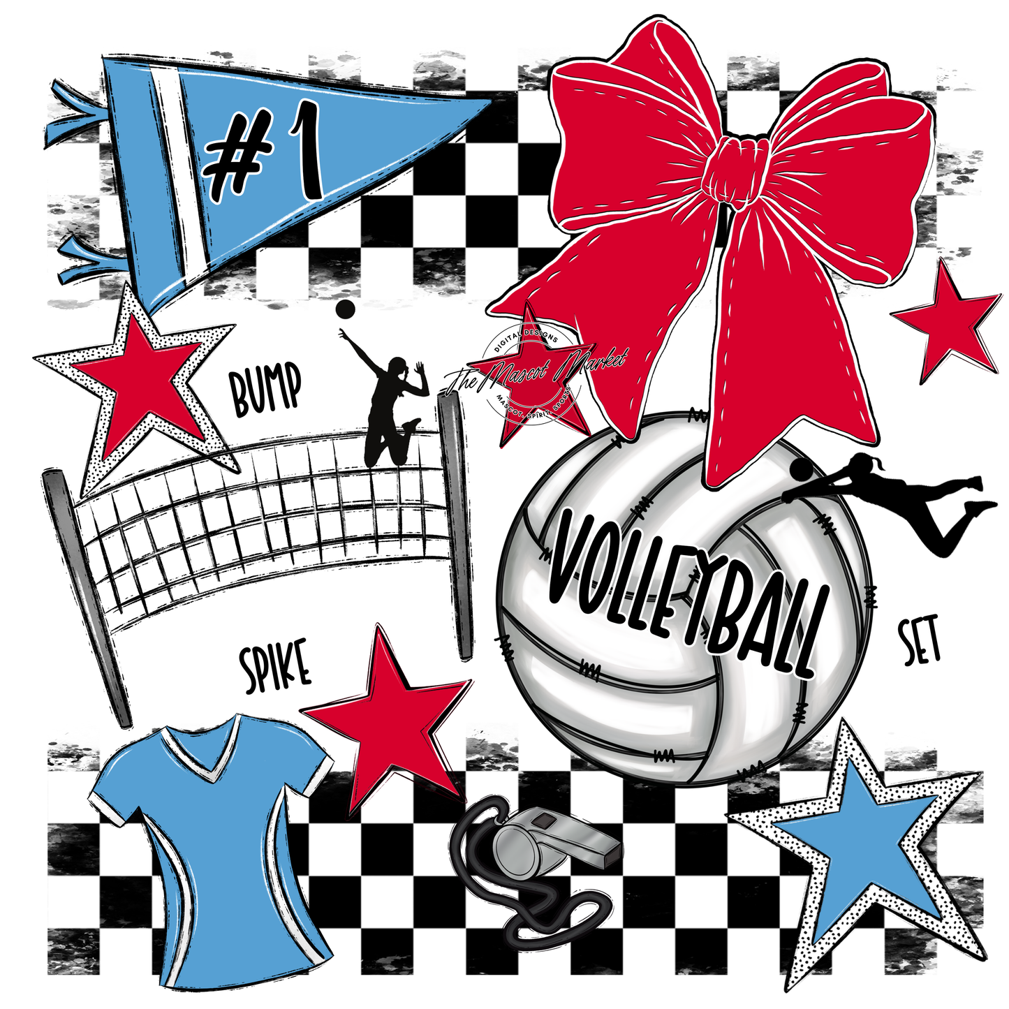 Volleyball Checkers Spirit Design-Carolina Blue-Red