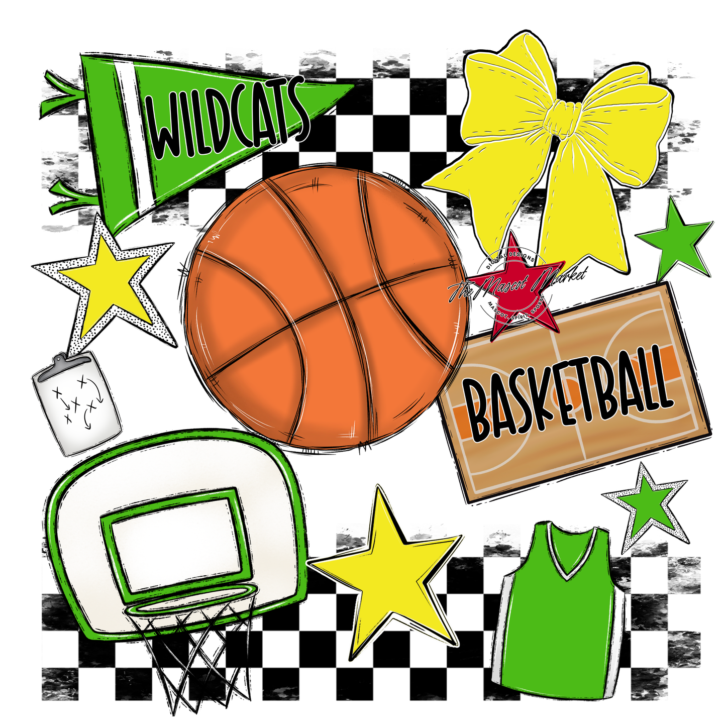 Wildcats Checkers Basketball Spirit Design-Bright Green-Bright Yellow