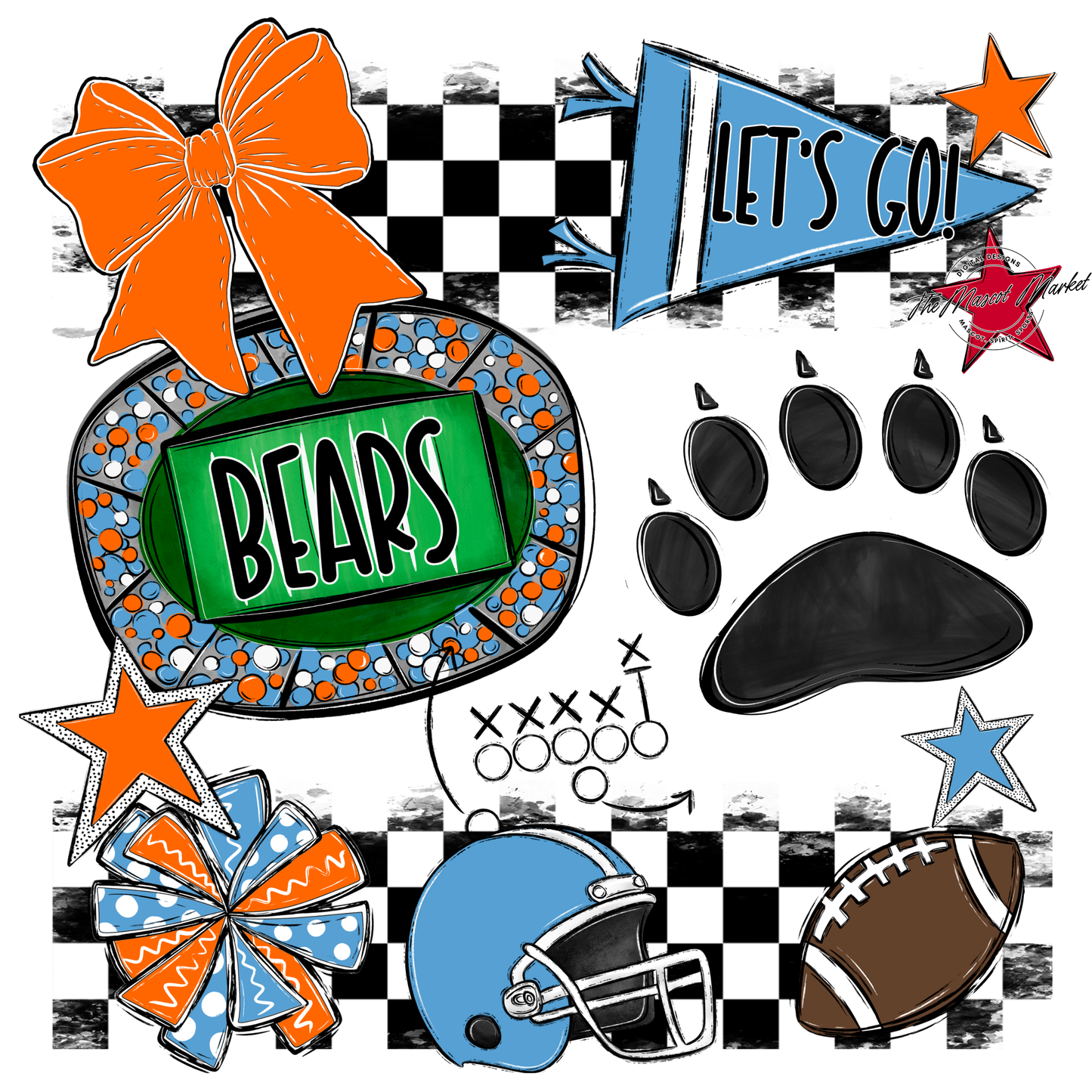 Bears Checker Spirit Design w Paw-Carolina Blue-Orange