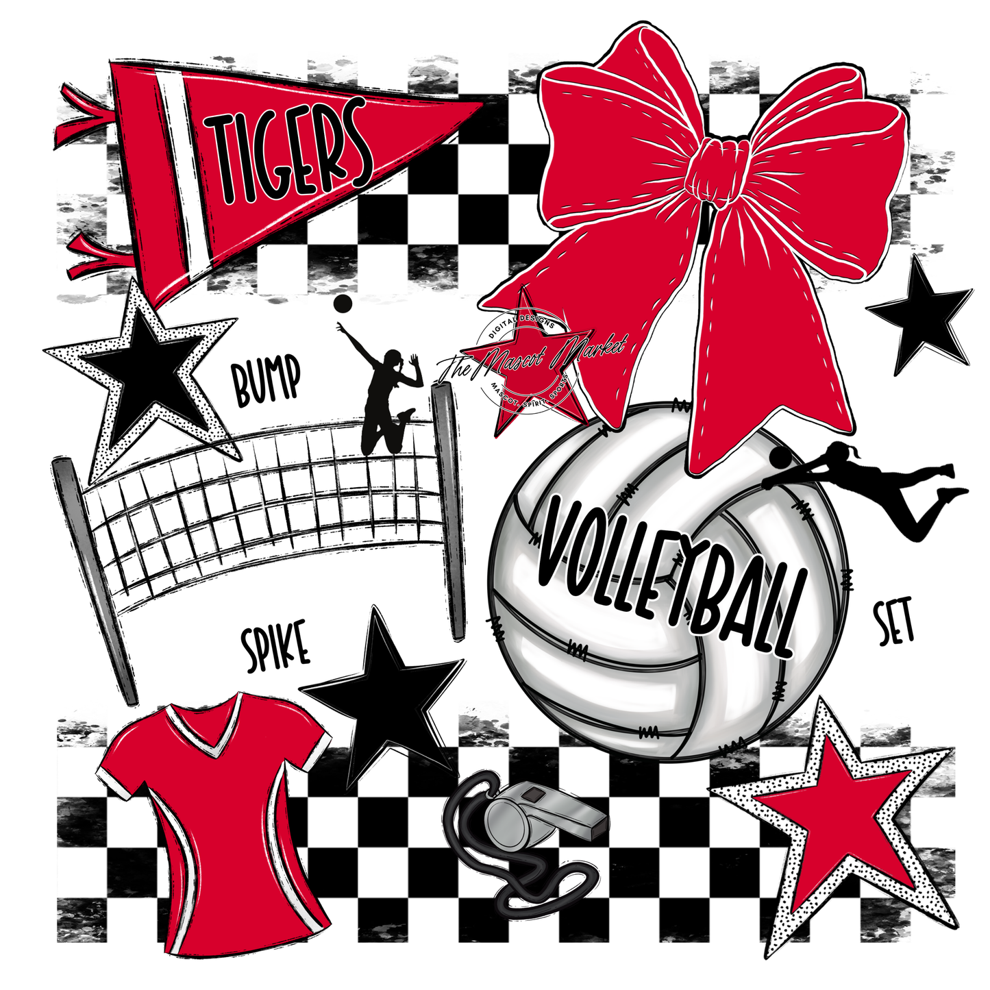 Tigers Checkers Volleyball Spirit Design-Red