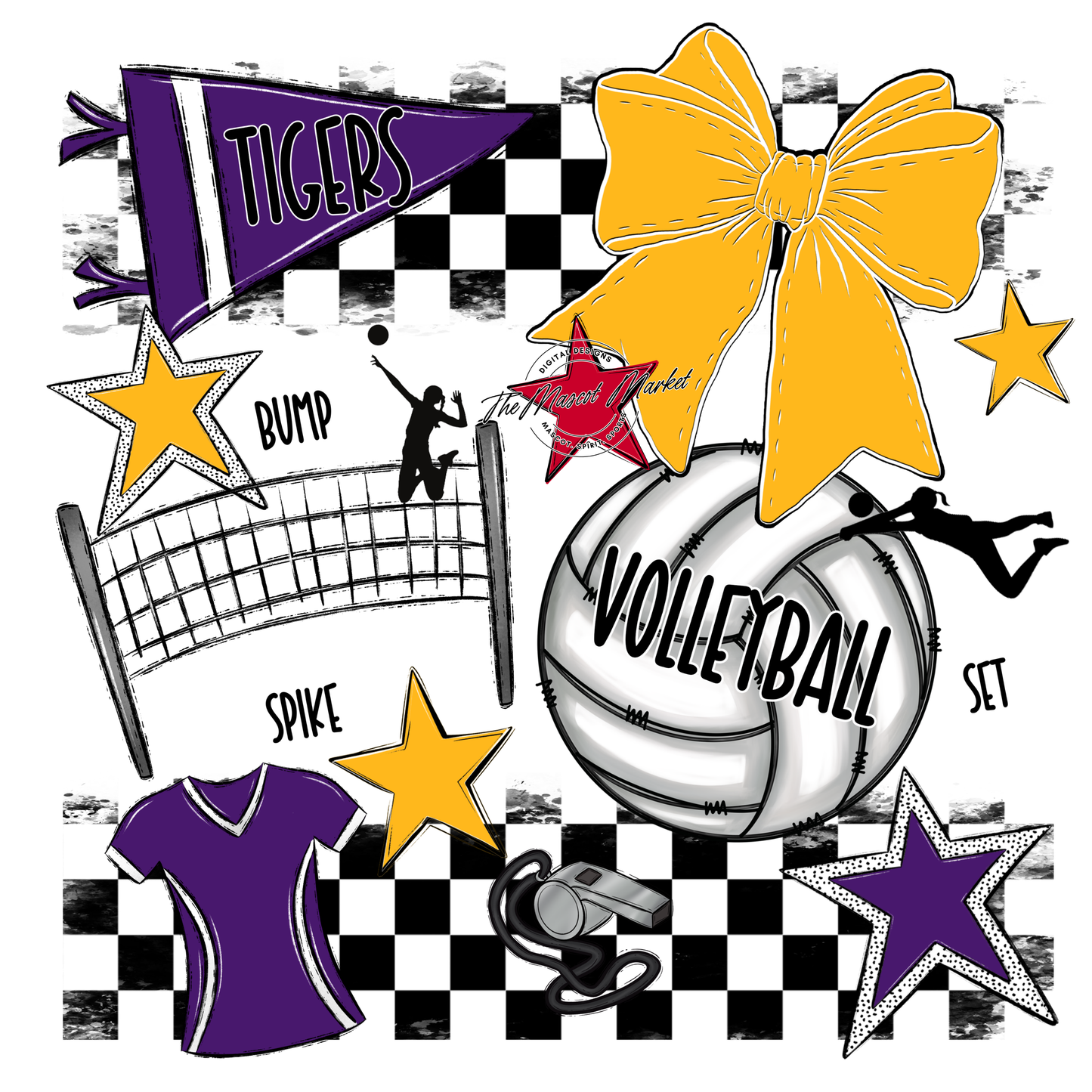 Tigers Checkers Volleyball Spirit Design-Purple-Yellow